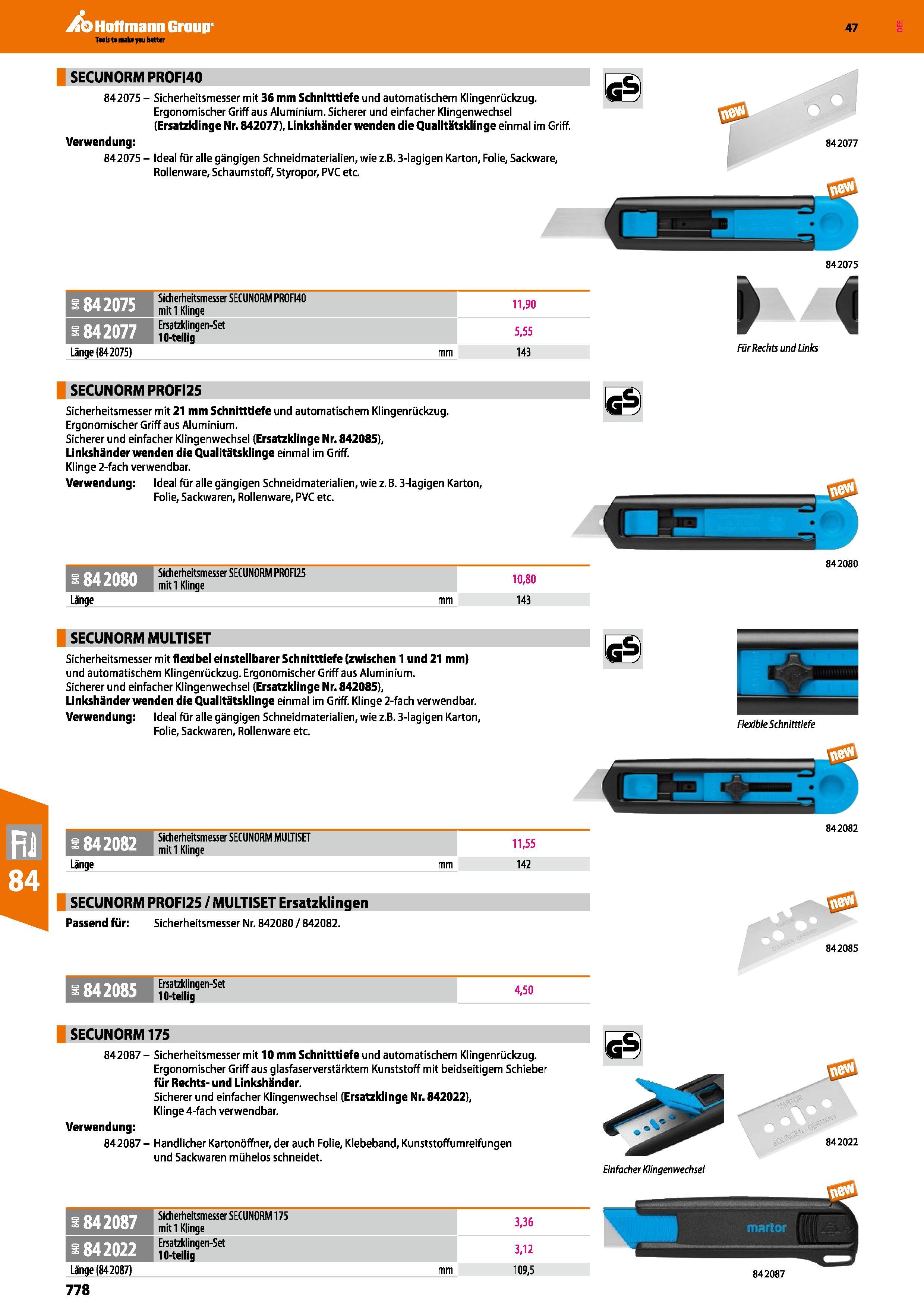 778 SECUNORM PR0FI4Q 842075 - Sicherheitsmesser mit 36 mm Schnitttiefe und automatischem Klingenrückzug Ergonomischer Griff aus Aluminium Sicherer un Каталог HOFFMANN GROUP 2016 Ручной слесарно-монтажный и контрольно-измерительный инструмент и приборы для предприятий машиностроения и мастерских сервисного обслуживания 47 версия издания Стр. 778 DEU