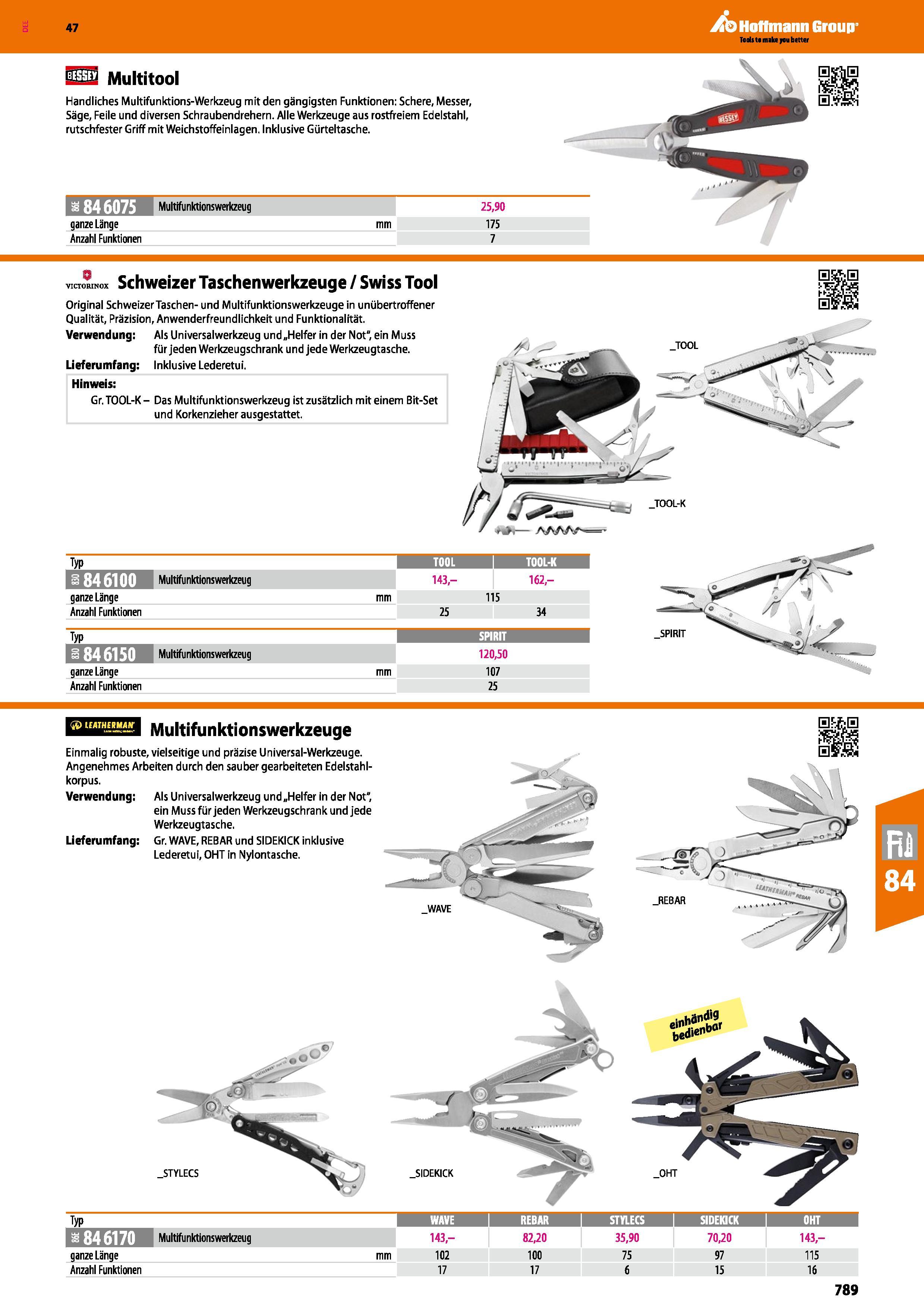 789 84 6075 ganze Länge Anzahl Funktionen Multifunktionswerkzeug Multitool Handliches Multifunktions-Werkzeug mit den gängigsten Funktionen Schere, M Каталог HOFFMANN GROUP 2016 Ручной слесарно-монтажный и контрольно-измерительный инструмент и приборы для предприятий машиностроения и мастерских сервисного обслуживания 47 версия издания Стр. 789 DEU