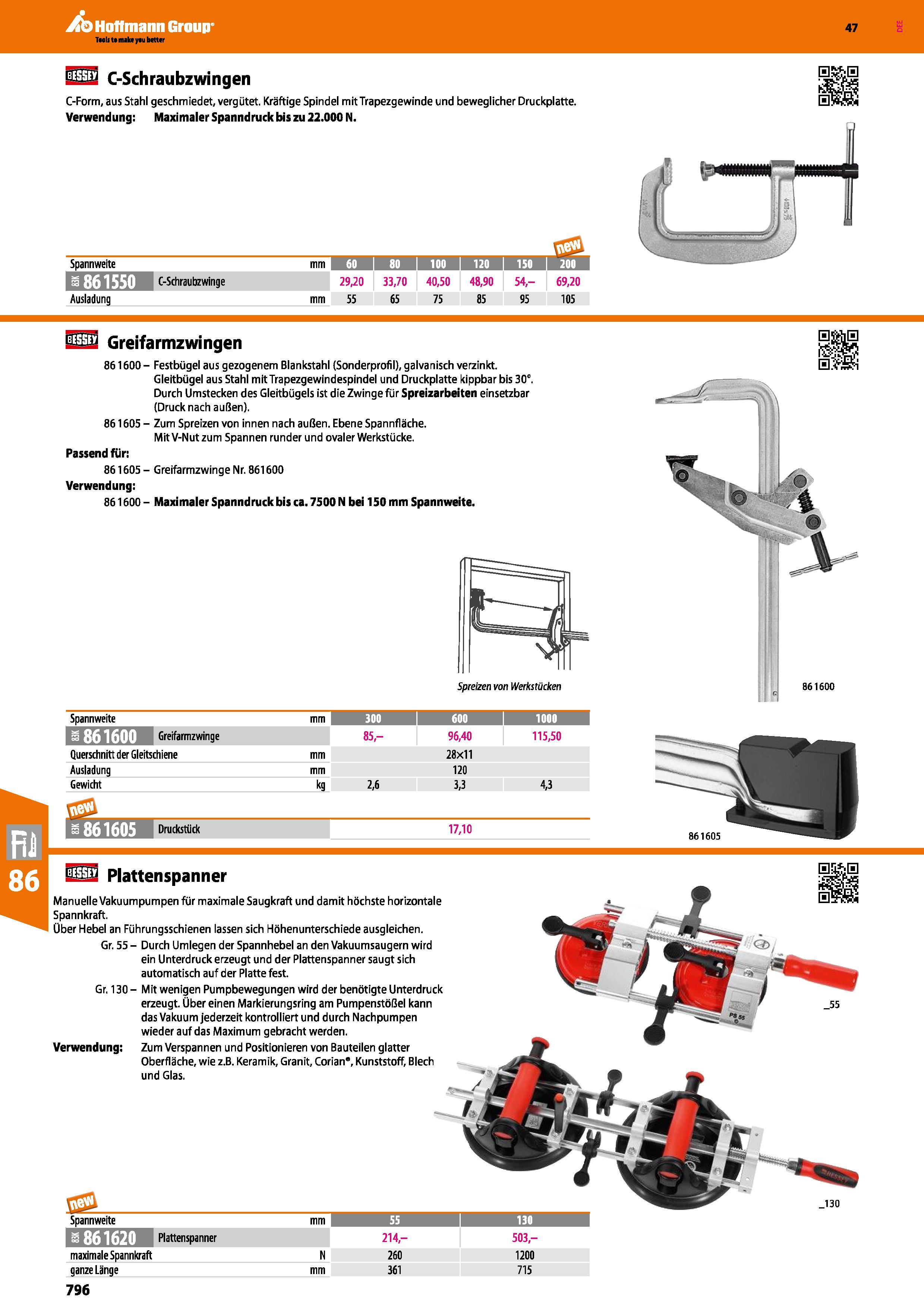 796 ü 2 C-Schraubzwingen C-Form, aus Stahl geschmiedet, vergütet Kräftige Spindel mit Trapezgewinde und beweglicher Druckplatte Verwendung Maximaler Каталог HOFFMANN GROUP 2016 Ручной слесарно-монтажный и контрольно-измерительный инструмент и приборы для предприятий машиностроения и мастерских сервисного обслуживания 47 версия издания Стр. 796 DEU