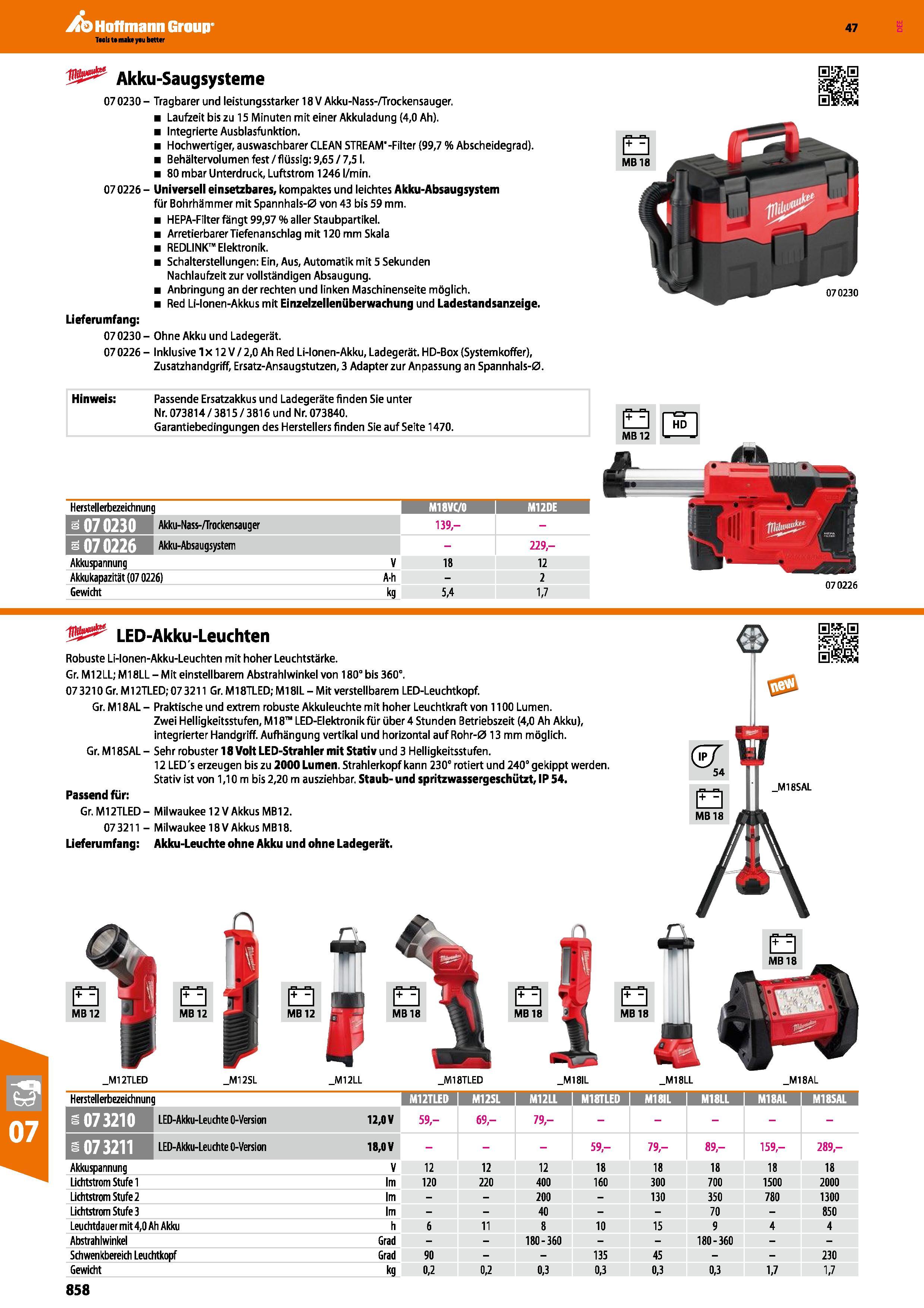 858 Akku-Saugsysteme 07 0230 - Tragbarer und leistungsstarker 18 V Akku-Nass-/Trockensauger Laufzeit bis zu 15 Minuten mit einer Akkuladung (4,0 Ah) Каталог HOFFMANN GROUP 2016 Ручной слесарно-монтажный и контрольно-измерительный инструмент и приборы для предприятий машиностроения и мастерских сервисного обслуживания 47 версия издания Стр. 858 DEU