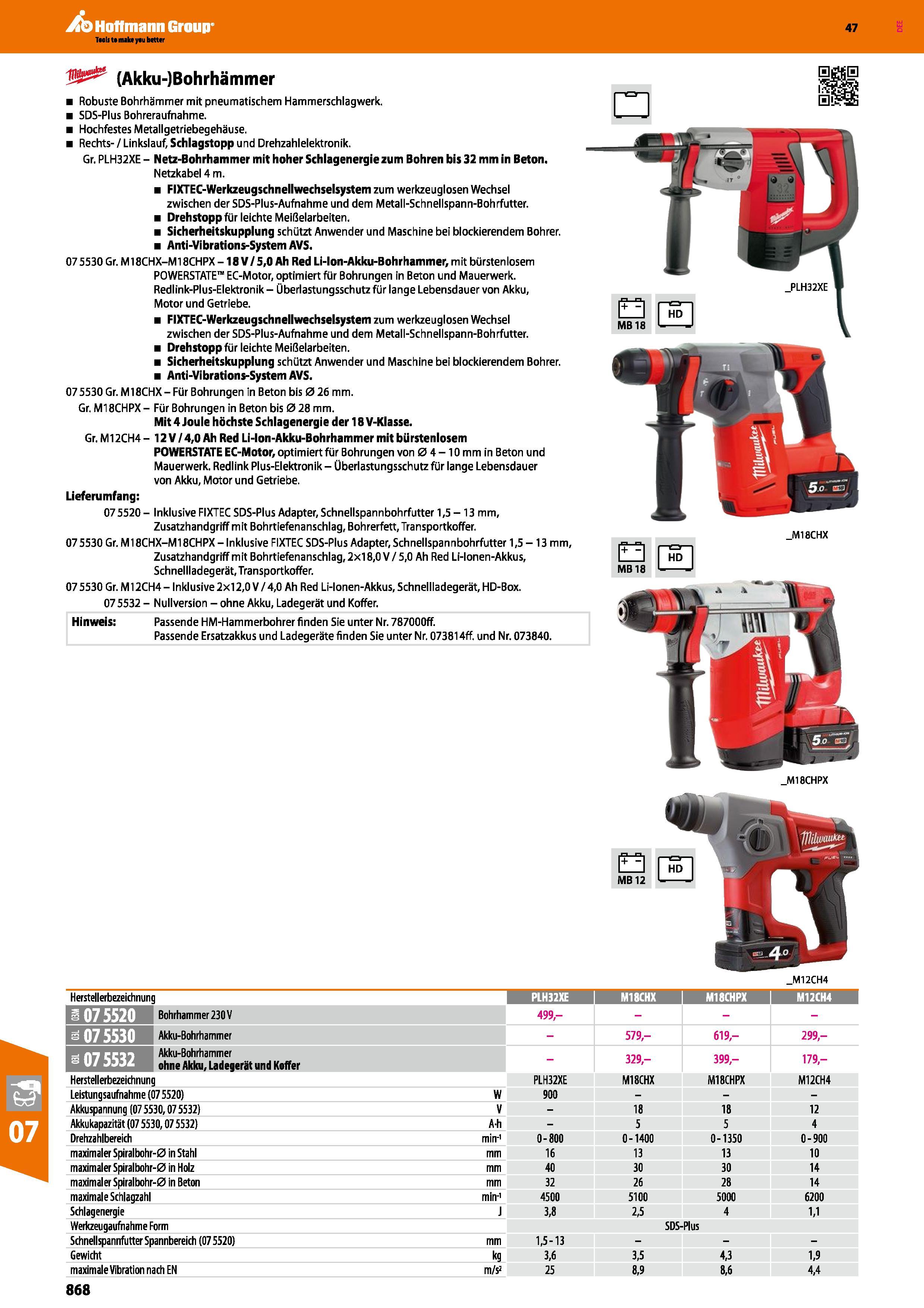 868 (Akku-)Bohrhämmer Robuste Bohrhämmer mit pneumatischem Hammerschlagwerk SDS-Plus Bohreraufnahme Hochfestes Metallgetriebegehäuse Rechts- / Linksl Каталог HOFFMANN GROUP 2016 Ручной слесарно-монтажный и контрольно-измерительный инструмент и приборы для предприятий машиностроения и мастерских сервисного обслуживания 47 версия издания Стр. 868 DEU