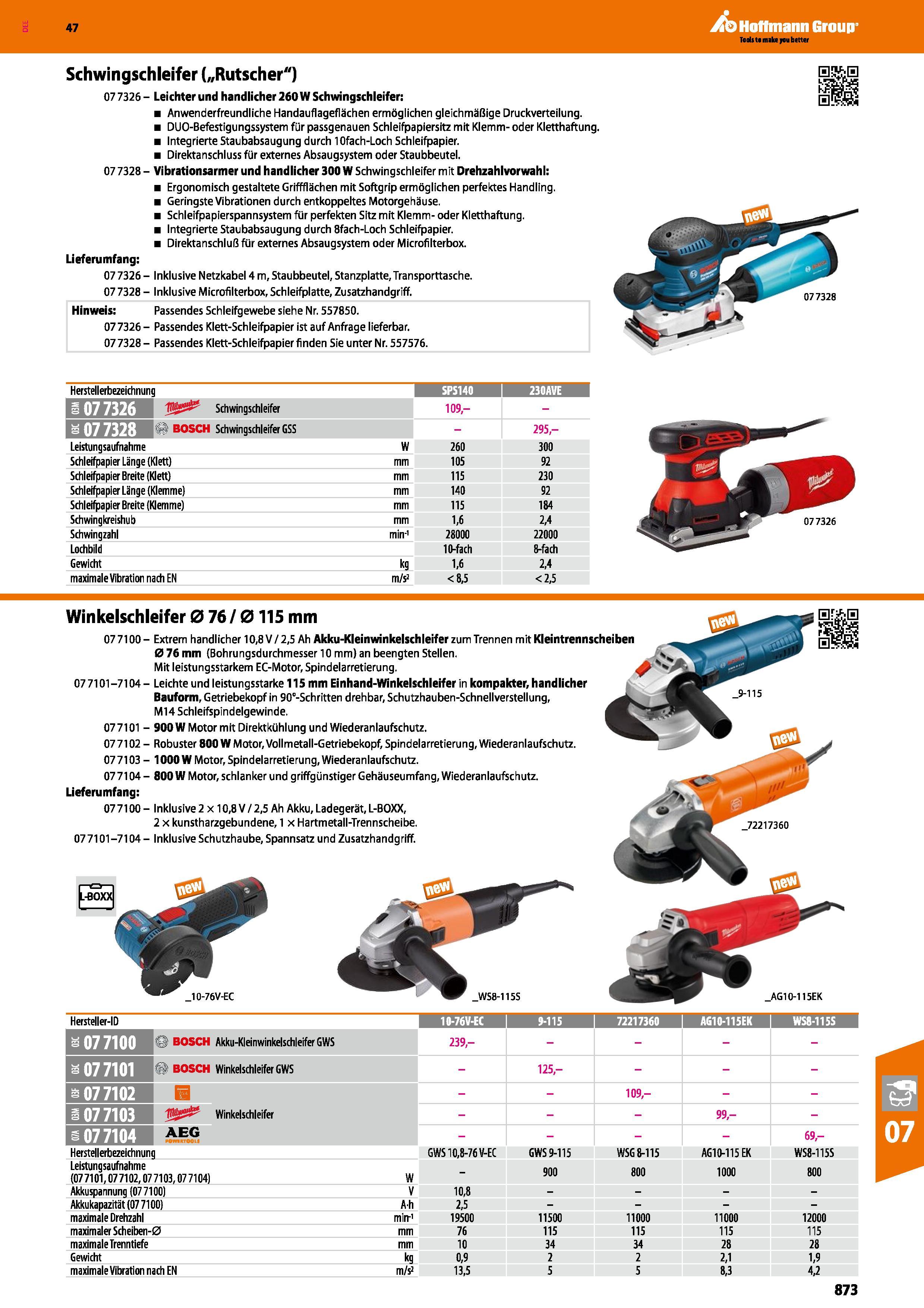 873 Schwingschleifer („Rutscher ) 07 7326 - Leichter und handlicher 260W Schwingschleifer Anwenderfreundliche Handauflageflächen ermöglichen gleichmä Каталог HOFFMANN GROUP 2016 Ручной слесарно-монтажный и контрольно-измерительный инструмент и приборы для предприятий машиностроения и мастерских сервисного обслуживания 47 версия издания Стр. 873 DEU