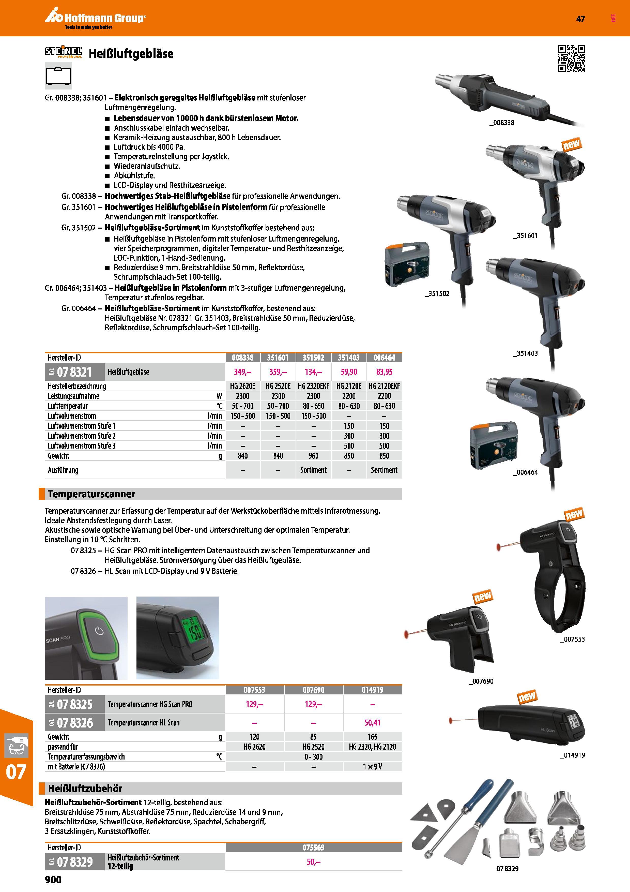 900 Hoffmann Group Gr 008338; 351601 - Elektronisch geregeltes Heißluftgebläse mit stufenloser Luftmengenregelung Lebensdauer von 10000 h dank bürste Каталог HOFFMANN GROUP 2016 Ручной слесарно-монтажный и контрольно-измерительный инструмент и приборы для предприятий машиностроения и мастерских сервисного обслуживания 47 версия издания Стр. 900 DEU