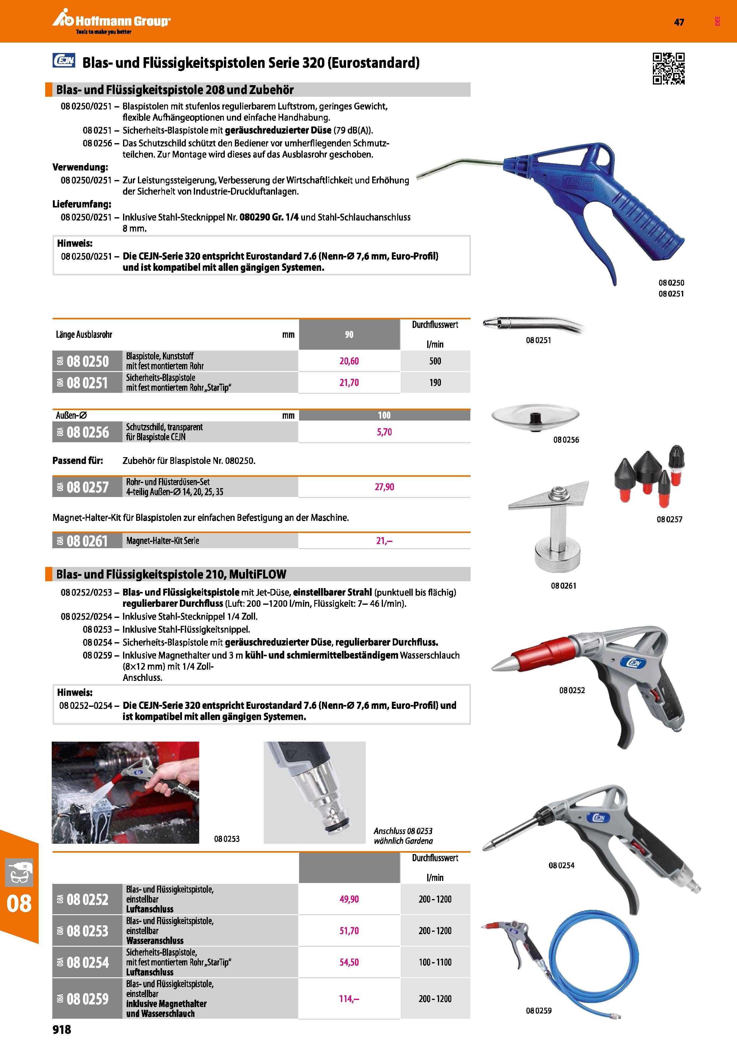 918 Blas- und Flüssigkeitspistolen Serie 320 (Eurostandard) Blas- und Flüssigkeitspistole 208 und Zubehör Hinweis 08 0250/0251 - Die CEJN-Serie 320 e Каталог HOFFMANN GROUP 2016 Ручной слесарно-монтажный и контрольно-измерительный инструмент и приборы для предприятий машиностроения и мастерских сервисного обслуживания 47 версия издания Стр. 918 DEU