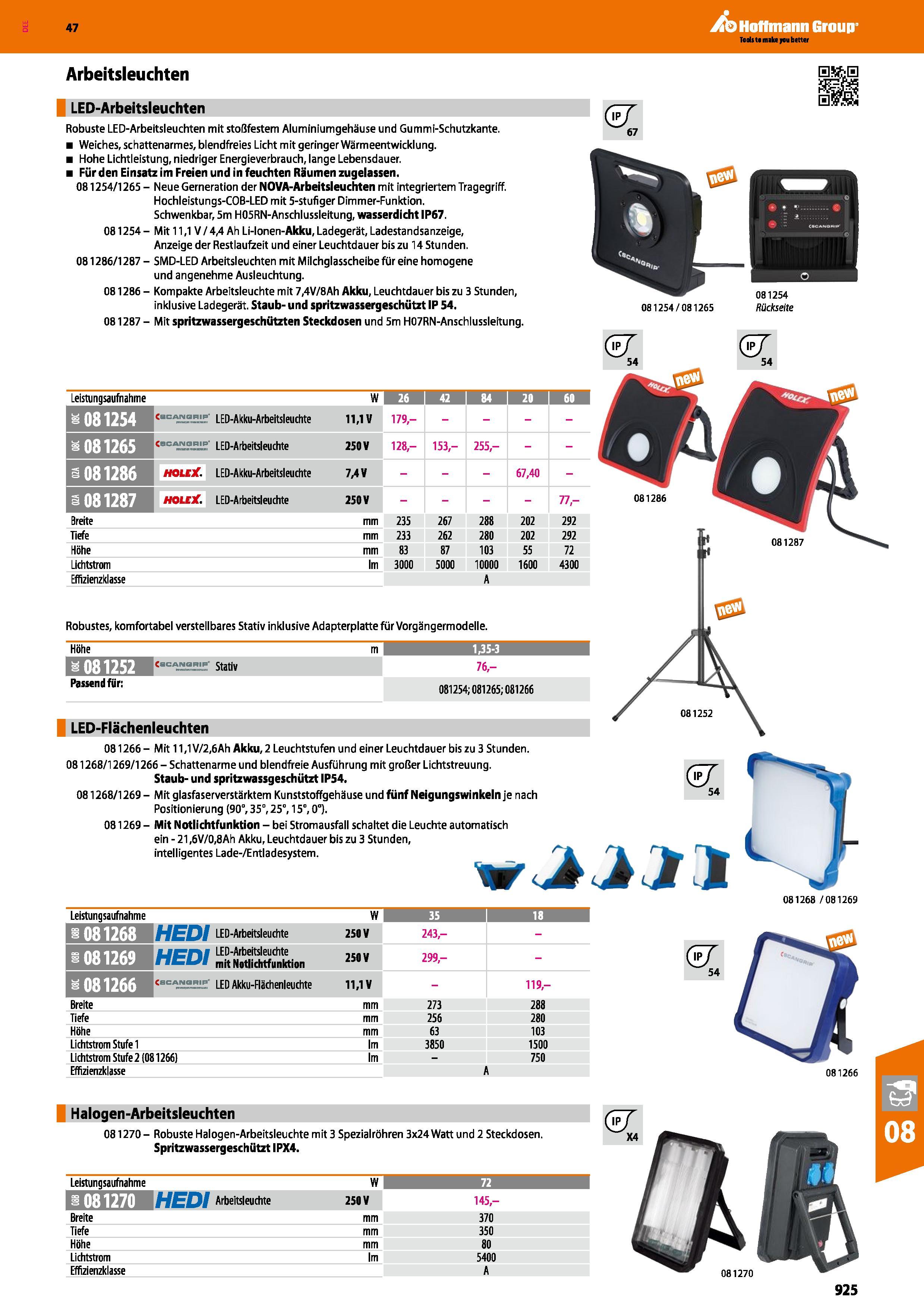 925 Arbeitsleuchten LED-Arbeitsleuchten Robuste LED-Arbeitsleuchten mit stoßfestem Aluminiumgehäuse und Gummi-Schutzkante Weiches, schattenarmes, ble Каталог HOFFMANN GROUP 2016 Ручной слесарно-монтажный и контрольно-измерительный инструмент и приборы для предприятий машиностроения и мастерских сервисного обслуживания 47 версия издания Стр. 925 DEU