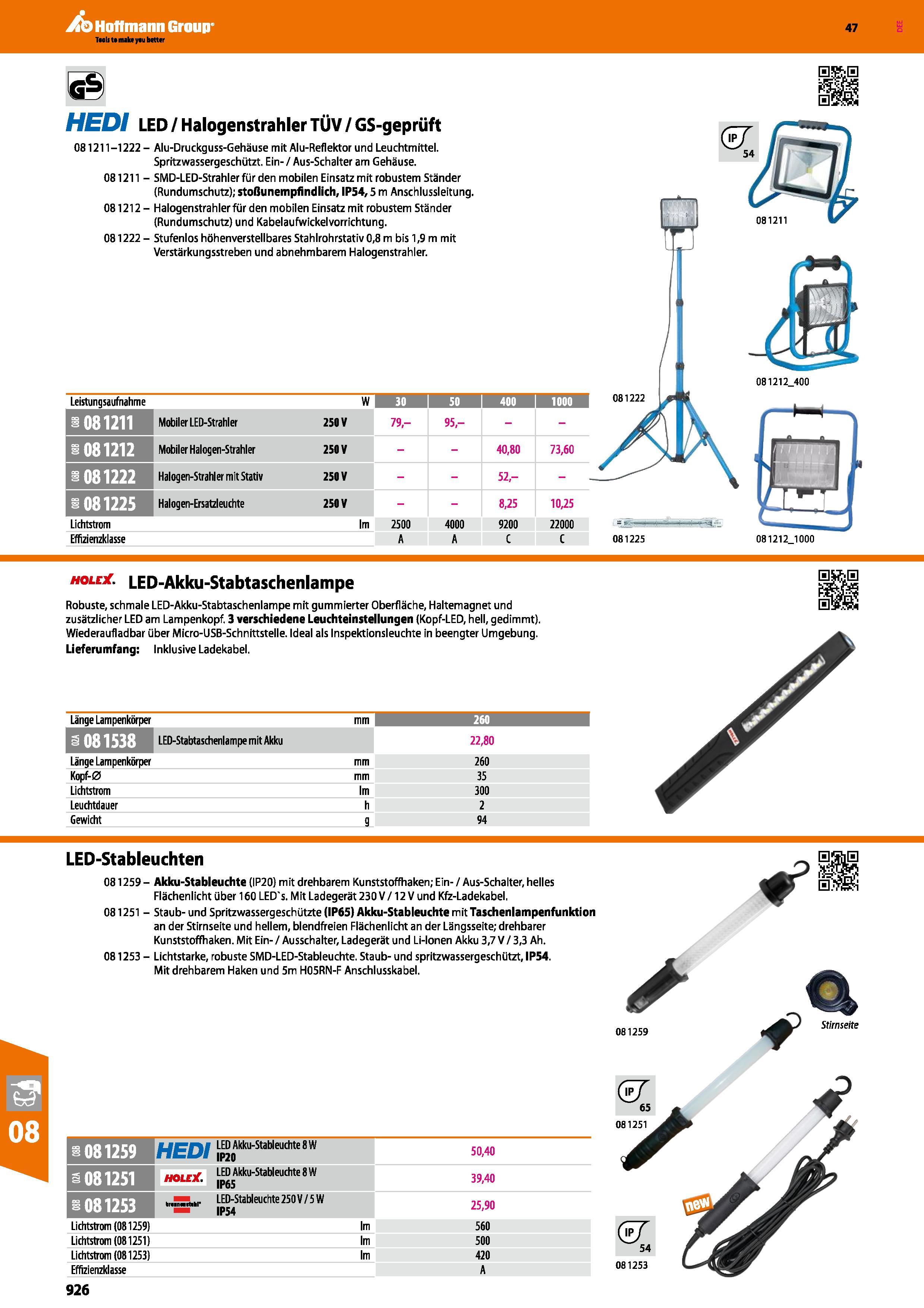 926 HEDI LED / Halogenstrahler TÜV / GS-geprüft 081211-1222 - Alu-Druckguss-Gehäuse mit Alu-Reflektor und Leuchtmittel Spritzwassergeschützt Ein- / A Каталог HOFFMANN GROUP 2016 Ручной слесарно-монтажный и контрольно-измерительный инструмент и приборы для предприятий машиностроения и мастерских сервисного обслуживания 47 версия издания Стр. 926 DEU