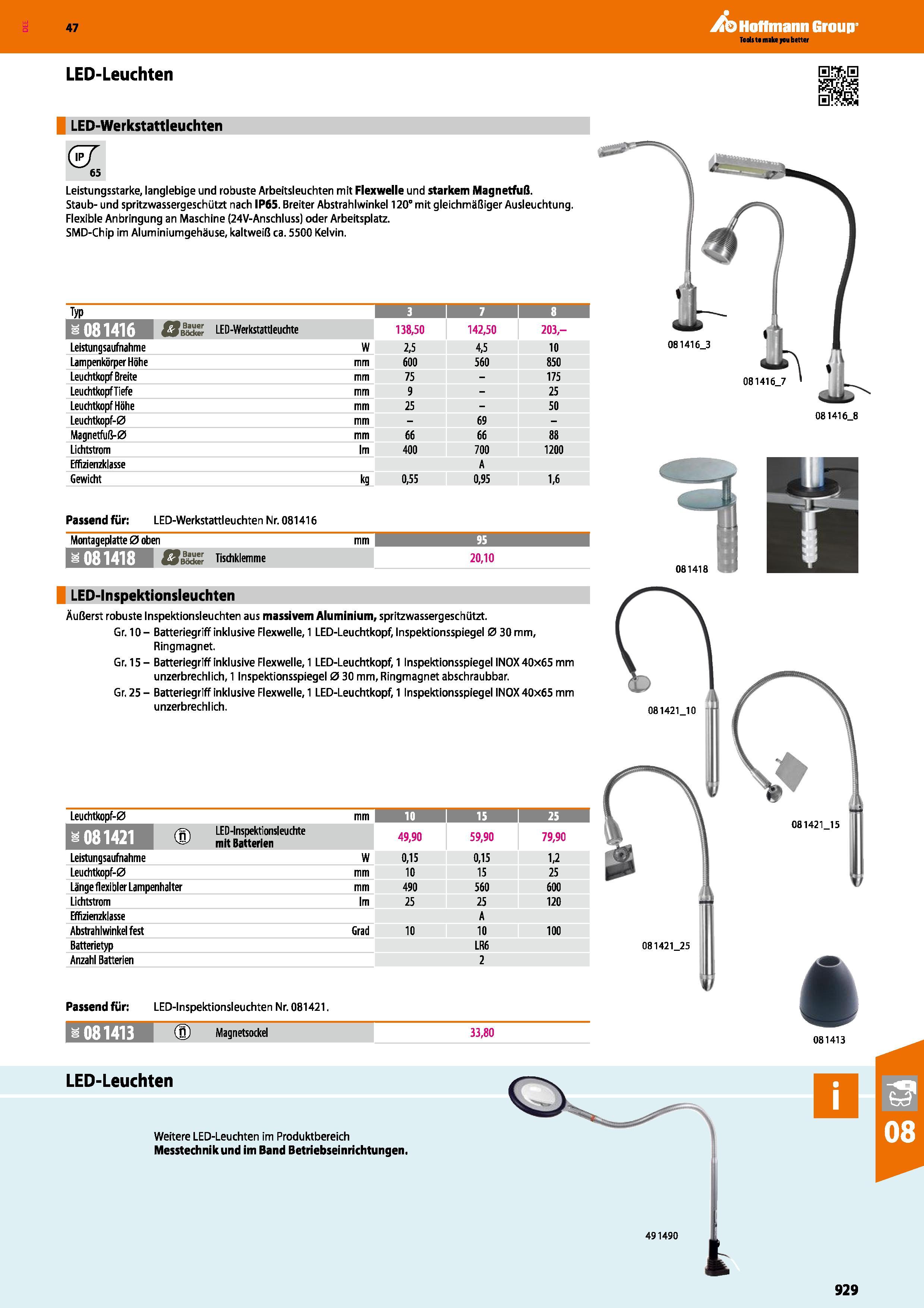 929 LED-Leuchten LED-Werkstattleuchten (zT 65 Leistungsstarke, langlebige und robuste Arbeitsleuchten mit Flexwelle und starkem Magnetfuß Staub- und Каталог HOFFMANN GROUP 2016 Ручной слесарно-монтажный и контрольно-измерительный инструмент и приборы для предприятий машиностроения и мастерских сервисного обслуживания 47 версия издания Стр. 929 DEU