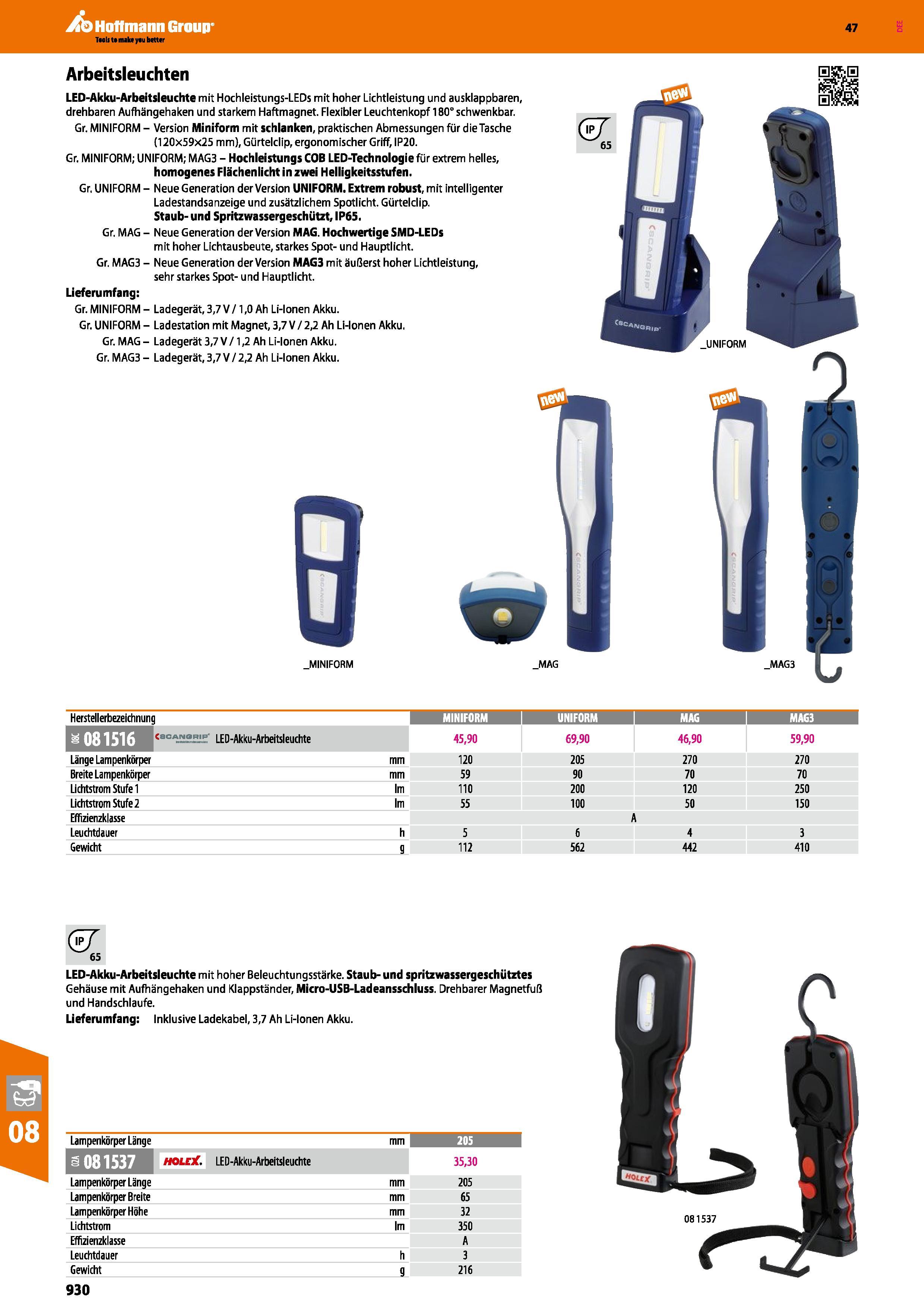 930 Arbeitsleuchten LED-Akku-Arbeitsleuchte mit Hochleistungs-LEDs mit hoher Lichtleistung und ausklappbaren, drehbaren Aufhängehaken und starkem Haf Каталог HOFFMANN GROUP 2016 Ручной слесарно-монтажный и контрольно-измерительный инструмент и приборы для предприятий машиностроения и мастерских сервисного обслуживания 47 версия издания Стр. 930 DEU