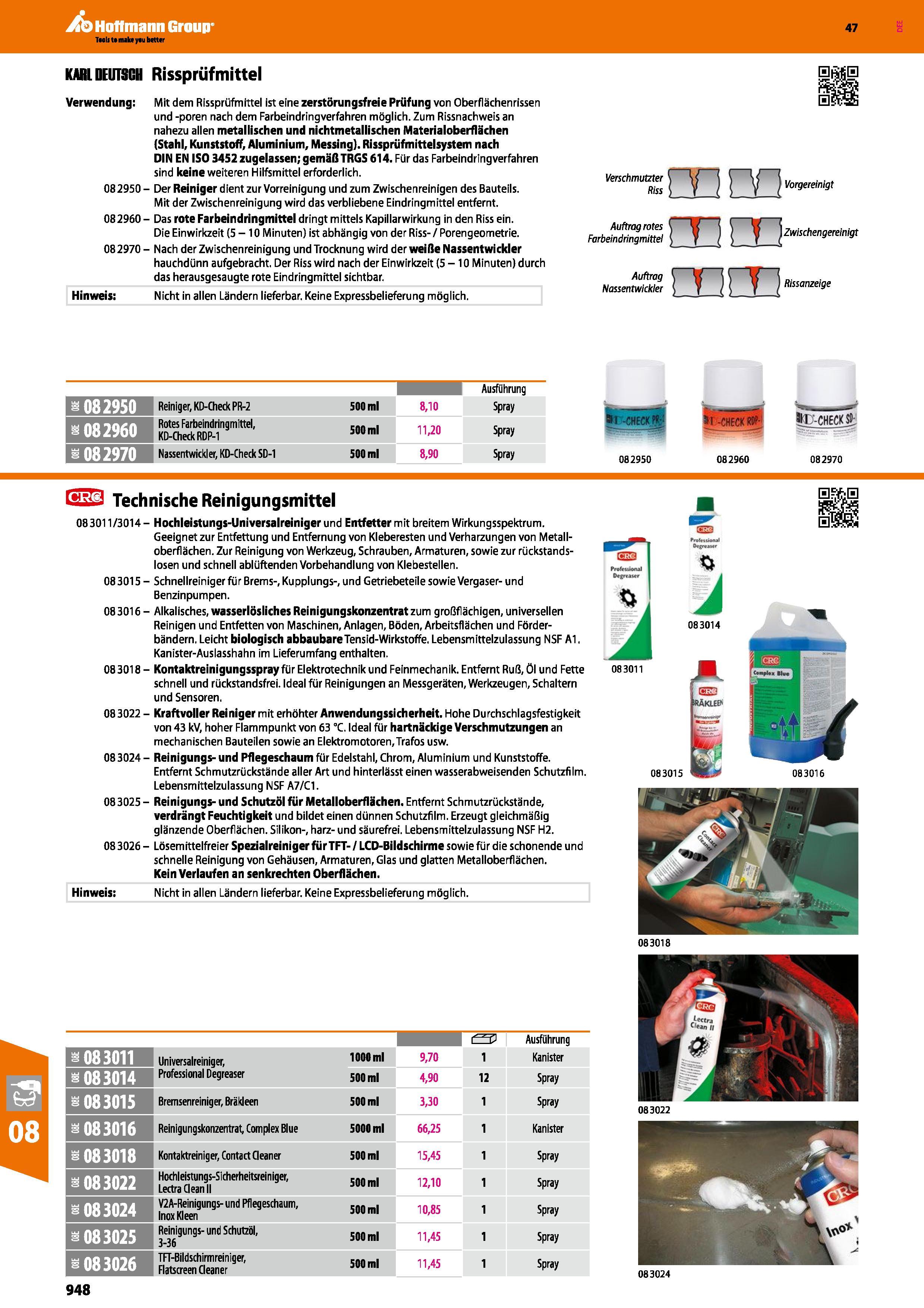 948 KARL DEUTSCH Rissprüfmittel Verwendung Mit dem Rissprüfmittel ist eine zerstörungsfreie Prüfung von Oberflächenrissen und -poren nach dem Farbein Каталог HOFFMANN GROUP 2016 Ручной слесарно-монтажный и контрольно-измерительный инструмент и приборы для предприятий машиностроения и мастерских сервисного обслуживания 47 версия издания Стр. 948 DEU