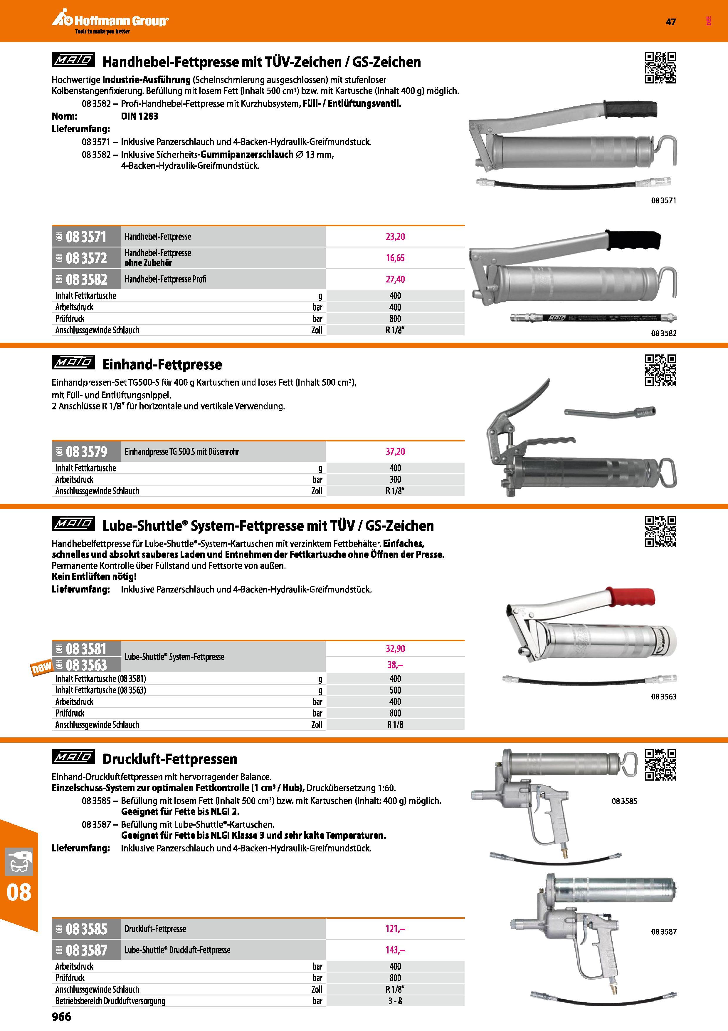 966 f&ts/Gk Handhebel-Fettpresse mit TÜV-Zeichen / GS-Zeichen Hochwertige Industrie-Ausführung (Scheinschmierung ausgeschlossen) mit stufenloser Kolb Каталог HOFFMANN GROUP 2016 Ручной слесарно-монтажный и контрольно-измерительный инструмент и приборы для предприятий машиностроения и мастерских сервисного обслуживания 47 версия издания Стр. 966 DEU