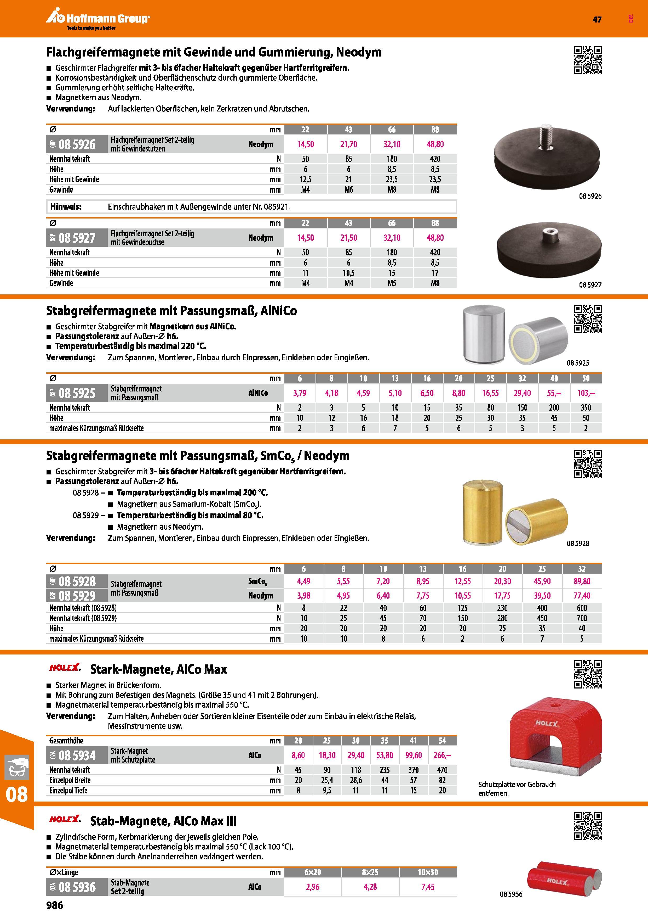 986 Flachgreifermagnete mit Gewinde und Gummierung, Neodym Geschirmter Flachgreifer mit 3- bis fifacher Haltekraft gegenüber Hartferritgreifern Korro Каталог HOFFMANN GROUP 2016 Ручной слесарно-монтажный и контрольно-измерительный инструмент и приборы для предприятий машиностроения и мастерских сервисного обслуживания 47 версия издания Стр. 986 DEU