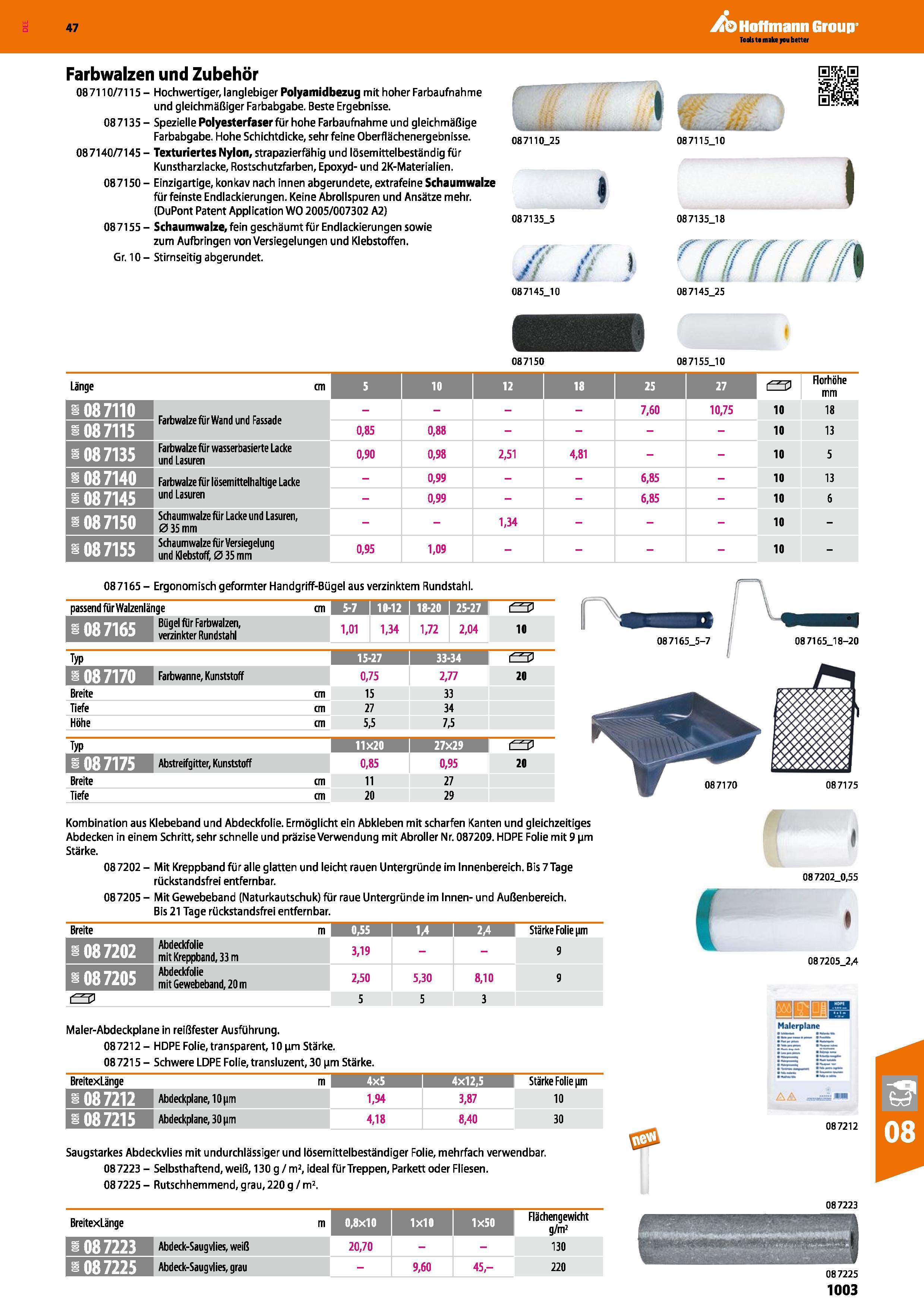 1003 Farbwalzen und Zubehör 087110/7115 - Hochwertiger, langlebiger Polyamidbezug mit hoher Farbaufnahme und gleichmäßiger Farbabgabe Beste Ergebnisse Каталог HOFFMANN GROUP 2016 Ручной слесарно-монтажный и контрольно-измерительный инструмент и приборы для предприятий машиностроения и мастерских сервисного обслуживания 47 версия издания Стр. 1003 DEU