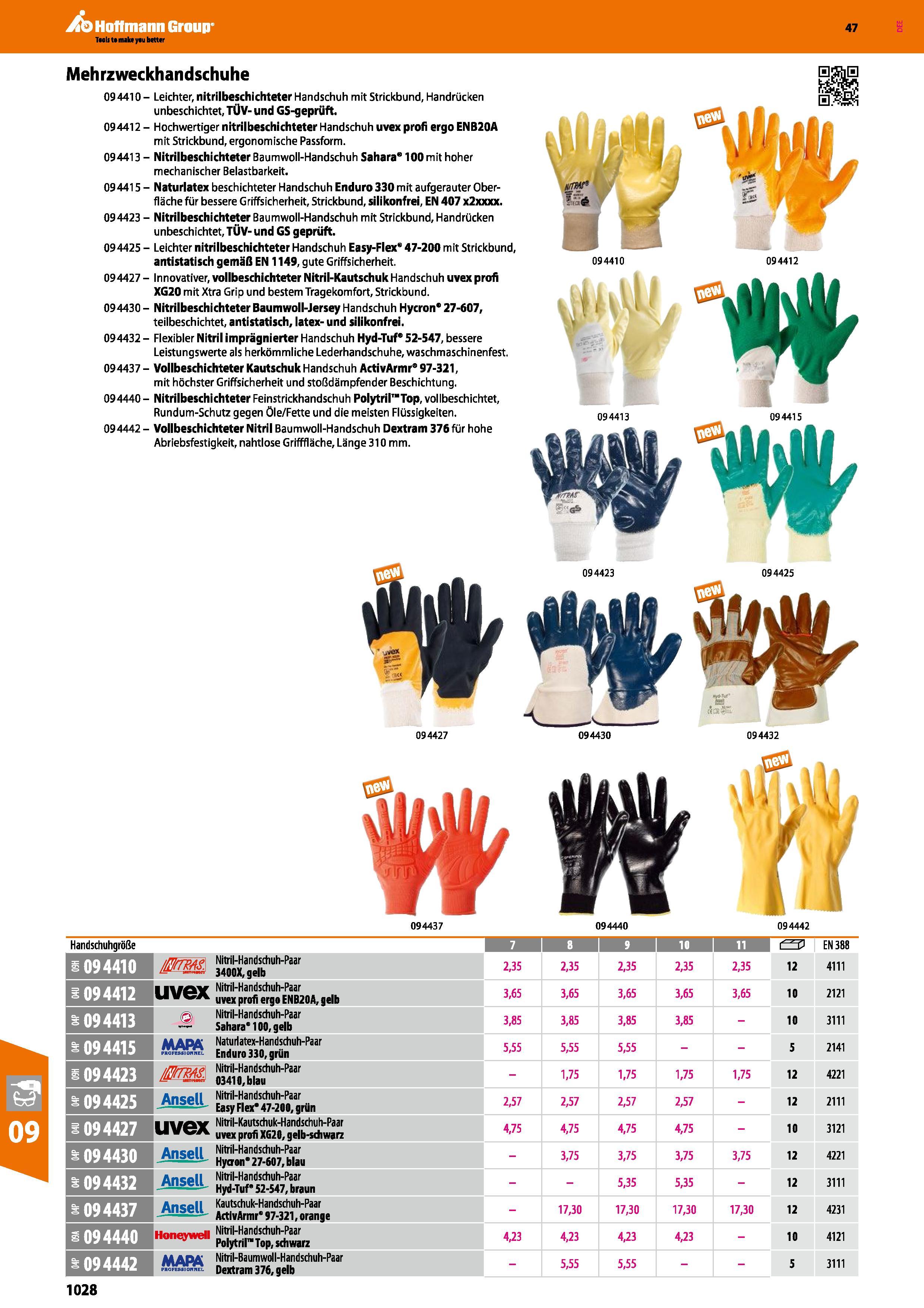 1028 094423 Mehrzweckhandschuhe 09 4410 - Leichter, nitrilbeschichteter Handschuh mit Strickbund, Mandrücken unbeschichtet, TÜV- und GS-geprüft 094412 Каталог HOFFMANN GROUP 2016 Ручной слесарно-монтажный и контрольно-измерительный инструмент и приборы для предприятий машиностроения и мастерских сервисного обслуживания 47 версия издания Стр. 1028 DEU