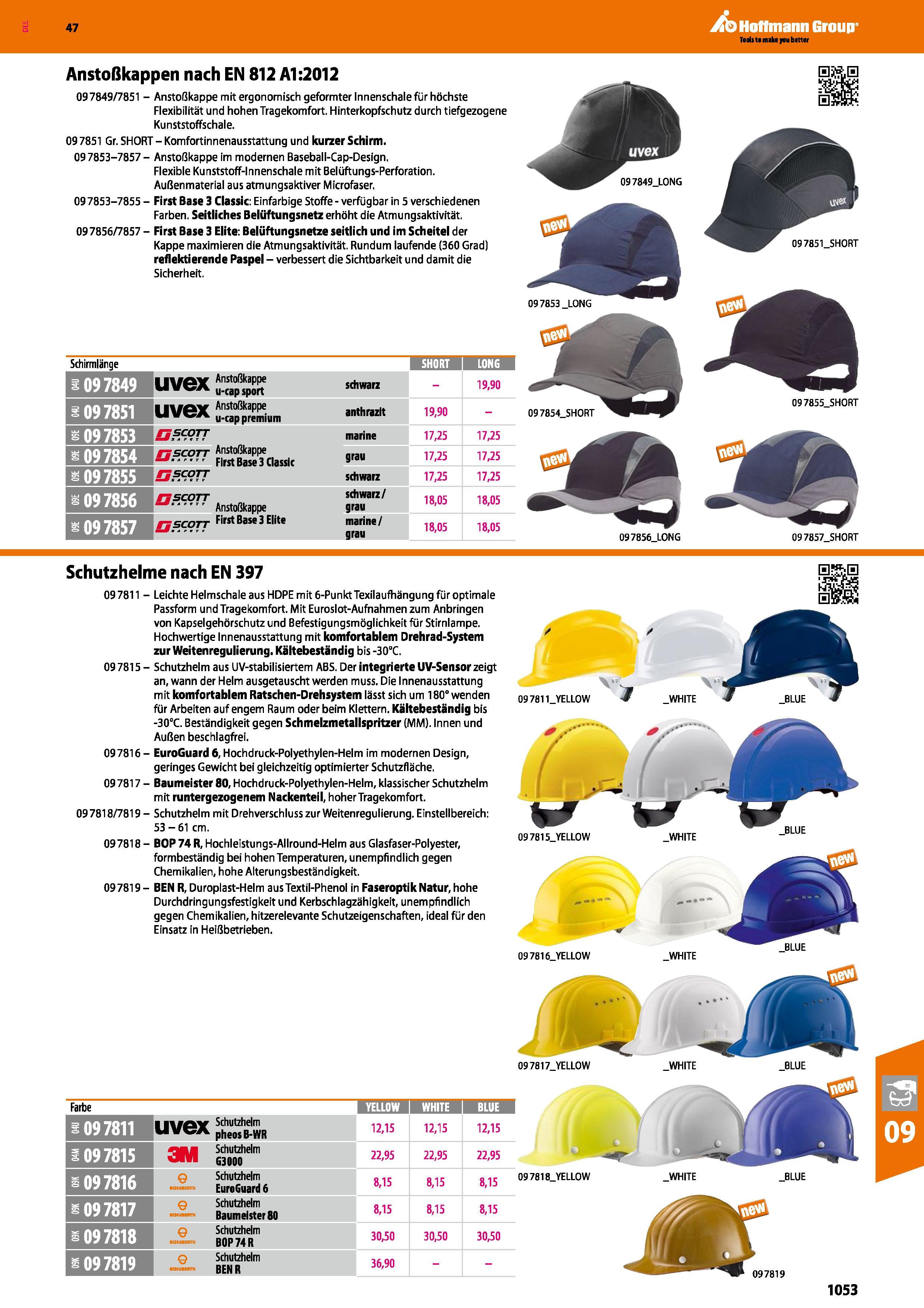 1053 Anstoßkappen nach EN 812 A1:2012 097849/7851 - Anstoßkappe mit ergonomisch geformter Innenschale für höchste Flexibilität und hohen Tragekomfort Каталог HOFFMANN GROUP 2016 Ручной слесарно-монтажный и контрольно-измерительный инструмент и приборы для предприятий машиностроения и мастерских сервисного обслуживания 47 версия издания Стр. 1053 DEU