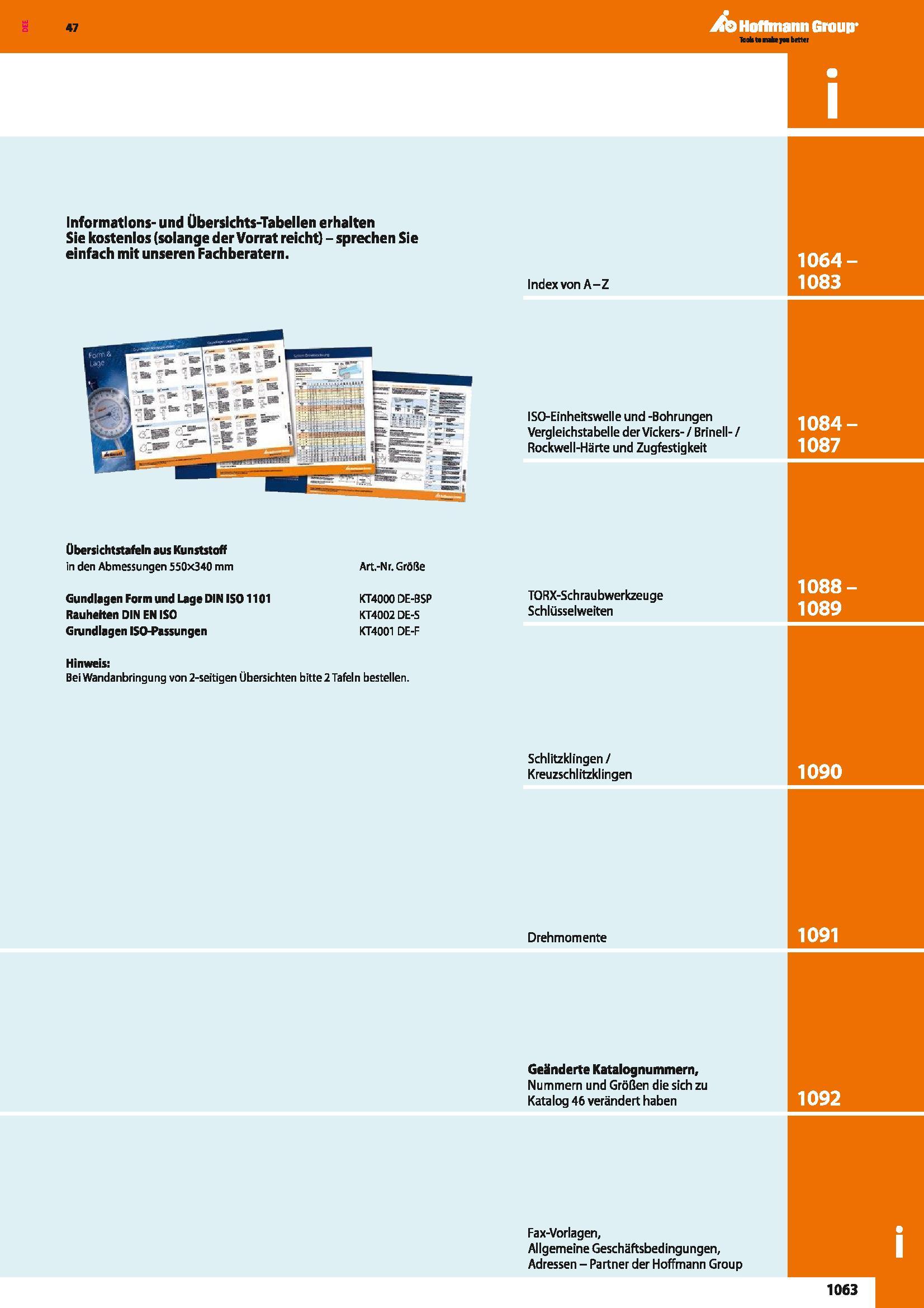 1063 Informations- und Übersichts-Tabellen erhalten Sie kostenlos (solange der Vorrat reicht) - sprechen Sie einfach mit unseren Fachberatern Index vo Каталог HOFFMANN GROUP 2016 Ручной слесарно-монтажный и контрольно-измерительный инструмент и приборы для предприятий машиностроения и мастерских сервисного обслуживания 47 версия издания Стр. 1063 DEU