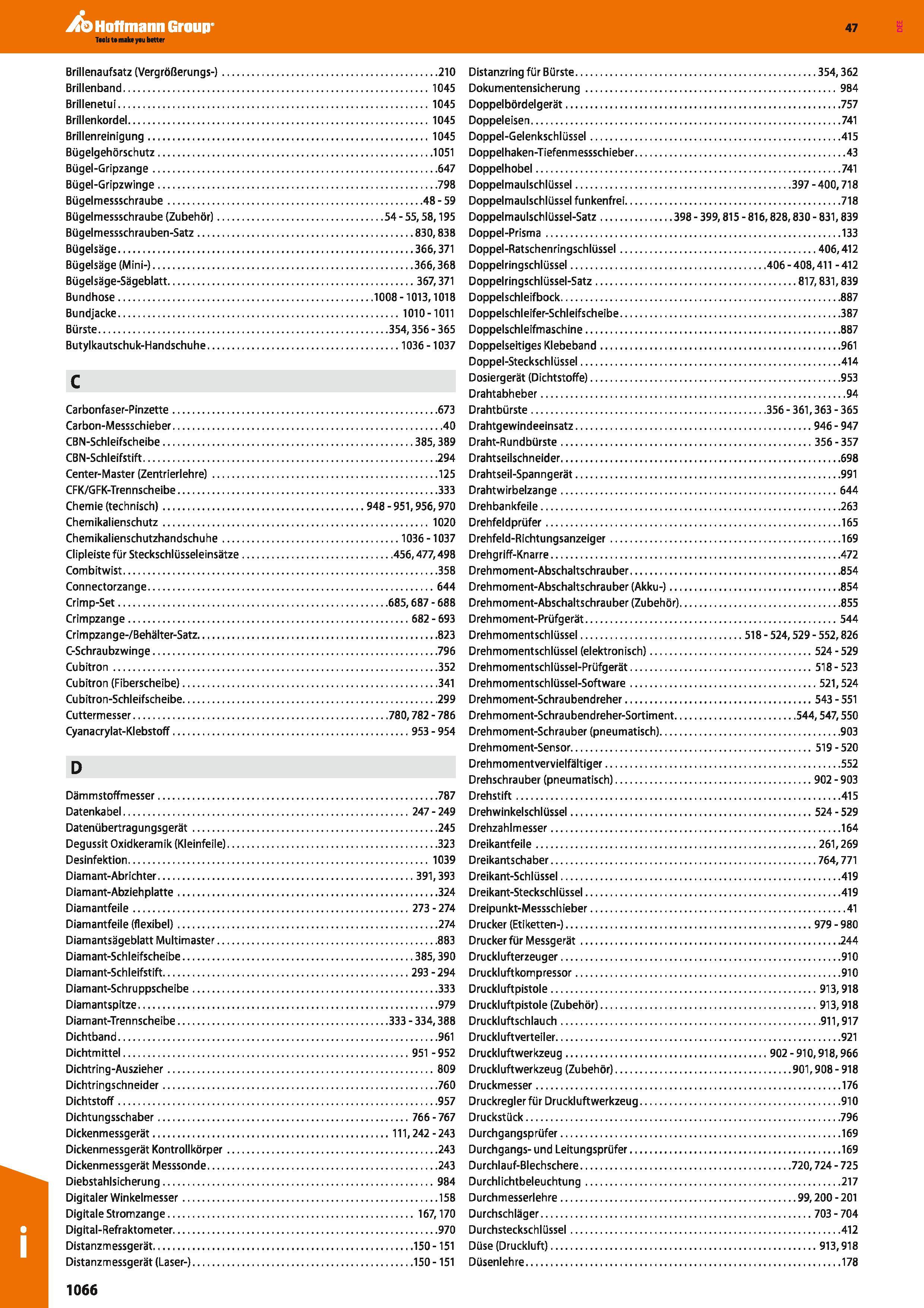 1066 Brillenaufsatz (Vergrößerungs-) 210 Brillenband 1045 Brillenetui 1045 Brillenkordel 1045 Brillenreinigung 1045 Bügelgehörschutz 1051 Bügel-Gripza Каталог HOFFMANN GROUP 2016 Ручной слесарно-монтажный и контрольно-измерительный инструмент и приборы для предприятий машиностроения и мастерских сервисного обслуживания 47 версия издания Стр. 1066 DEU
