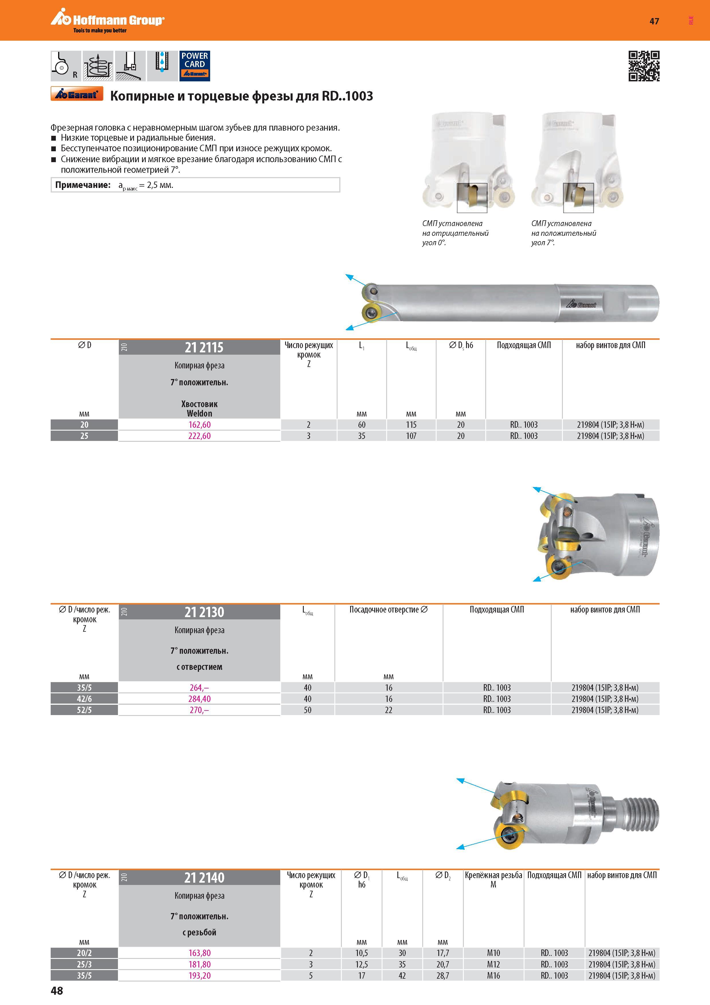 50 Копирные и торцевые фрезы Garant для RD 1004 Фрезерная головка с неравномерным шагом зубьев для плавного резания Низкие торцевые и радиальные биени Каталог HOFFMANN GROUP 2016 Новинки инструмента от комплексного немецкого поставщика промышленных предприятий и сервисных мастерских Спиральные сверла Концевые твердосплавные фрезы Стр. 48