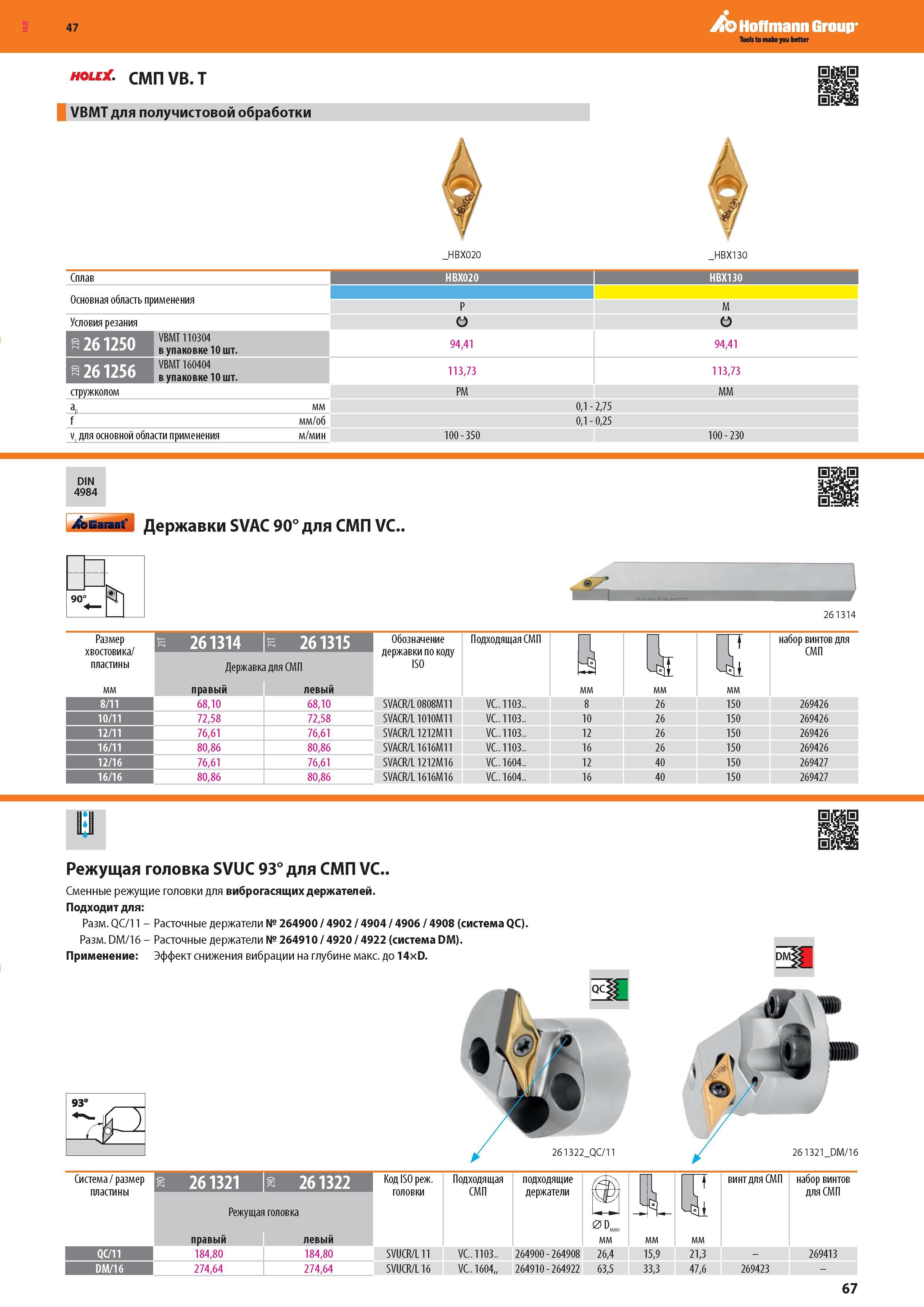 69 Hoffmann Group hole СМП VB T VBMT для получистовой обработки HBX020 HBX130 Сплав HBX020 HBX130 Основная область применения р М Условия резания 2612 Каталог HOFFMANN GROUP 2016 Новинки инструмента от комплексного немецкого поставщика промышленных предприятий и сервисных мастерских Спиральные сверла Концевые твердосплавные фрезы Стр. 67