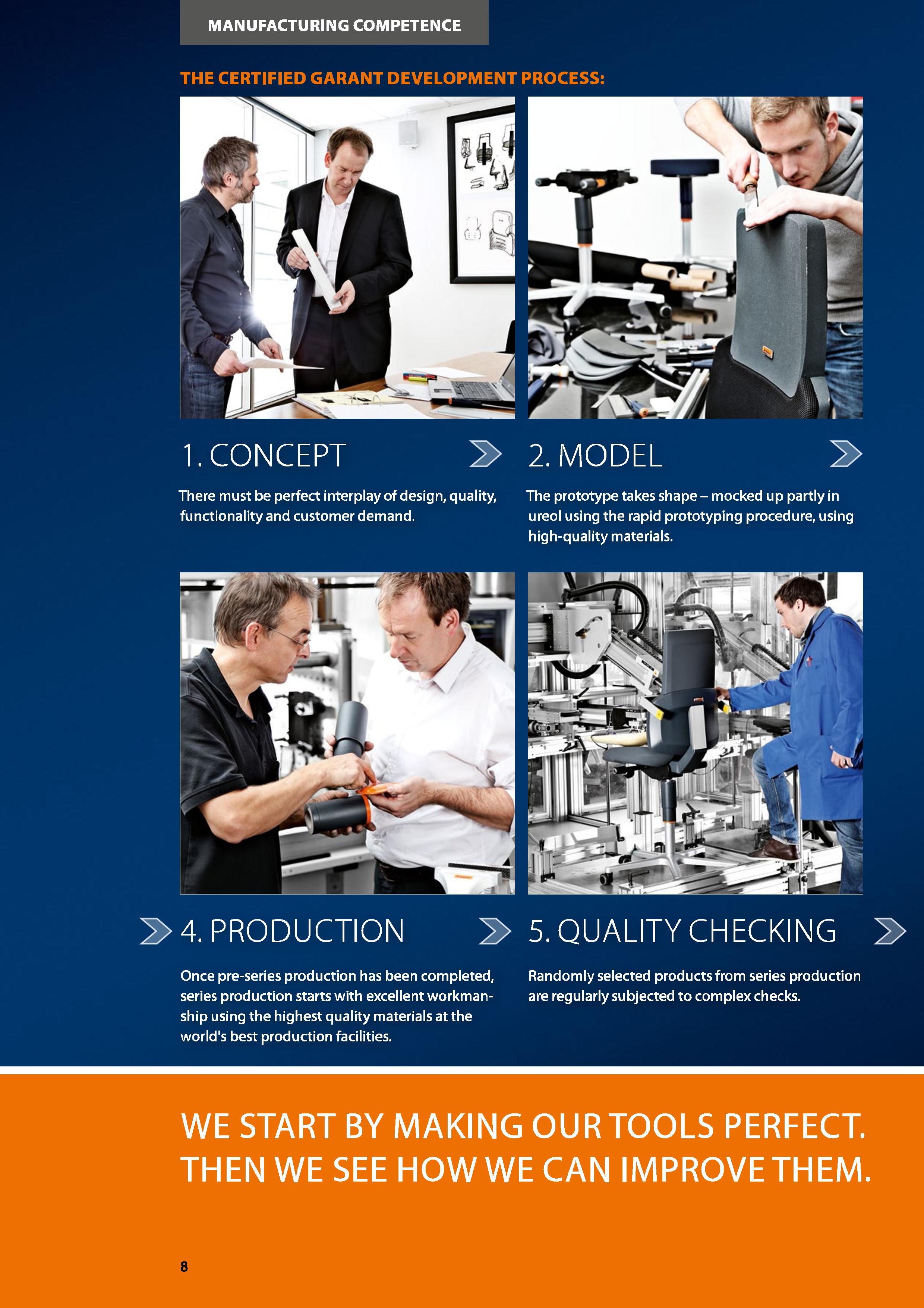 8 MANUFACTURING COMPETENCE THE CERTIFIED GARANT DEVELOPMENT PROCESS: 2> 2 MODEL 1 CONCEPT There must be perfect interplay of design, quality, funct Каталог HOFFMANN GROUP 2016 Производственная мебель для работы хранения и транспортировки в условиях промышленных предприятий и сервисных мастерских Вер. 47 ENG Стр. 8