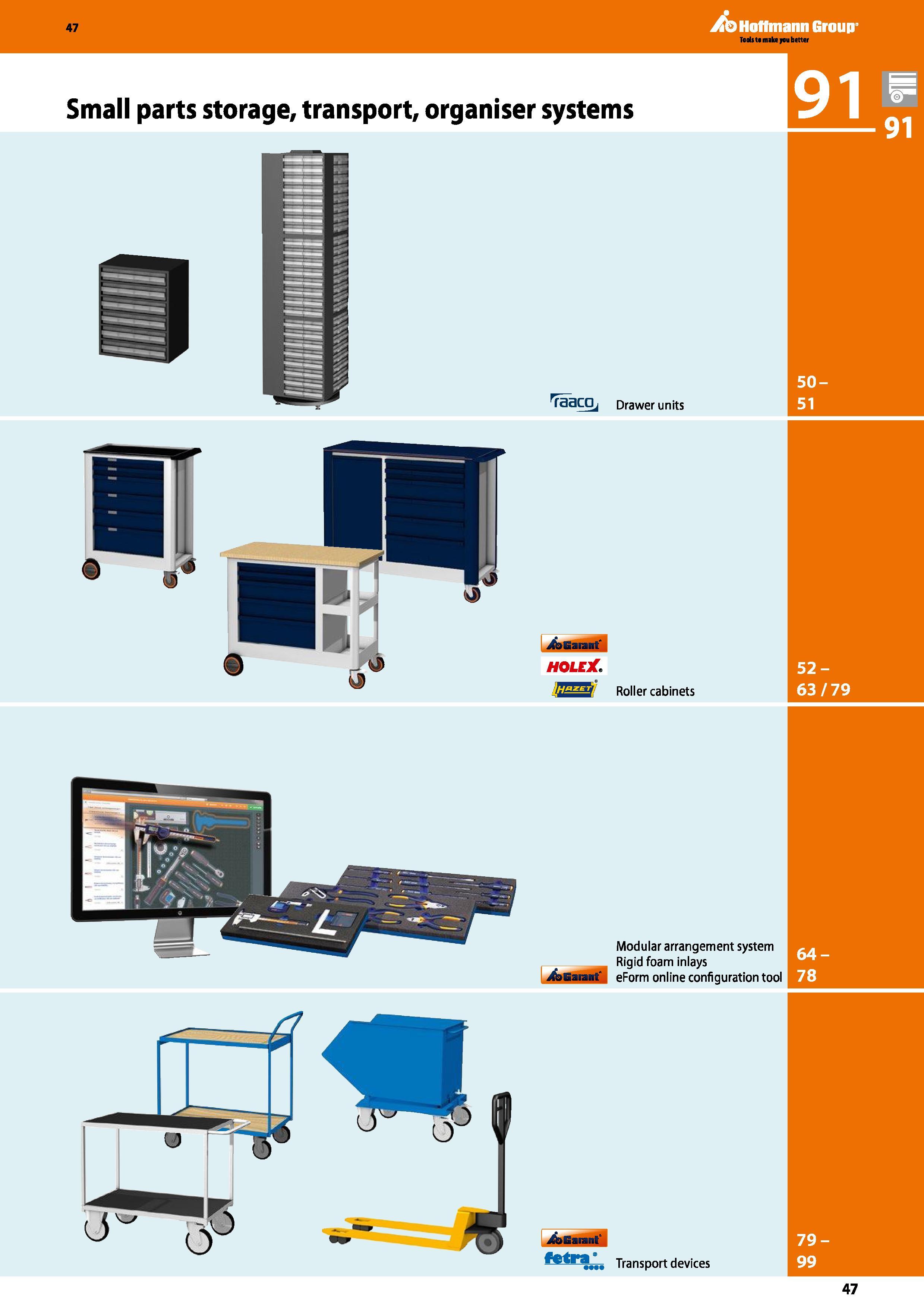 47 47 Small parts storage, transport, organiser systems raaCQj Drawer units holeX Roller cabinets 52-63/79 Modular arrangement system Rigid foam inl Каталог HOFFMANN GROUP 2016 Производственная мебель для работы хранения и транспортировки в условиях промышленных предприятий и сервисных мастерских Вер. 47 ENG Стр. 47
