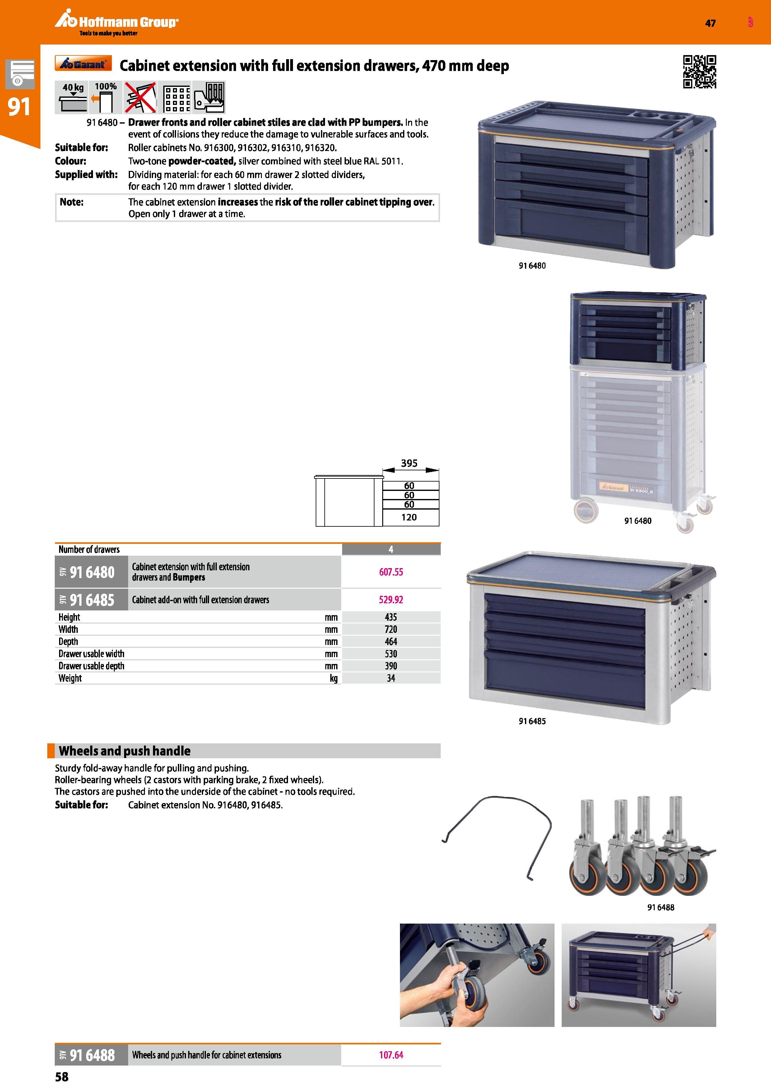 58 Hoffmann Group 4asa m Cabinet extension with full extension drawers, 470 mm deep 40 kq 100% e= n 916480 - Drawer fronts and roller cabinet stiles Каталог HOFFMANN GROUP 2016 Производственная мебель для работы хранения и транспортировки в условиях промышленных предприятий и сервисных мастерских Вер. 47 ENG Стр. 58