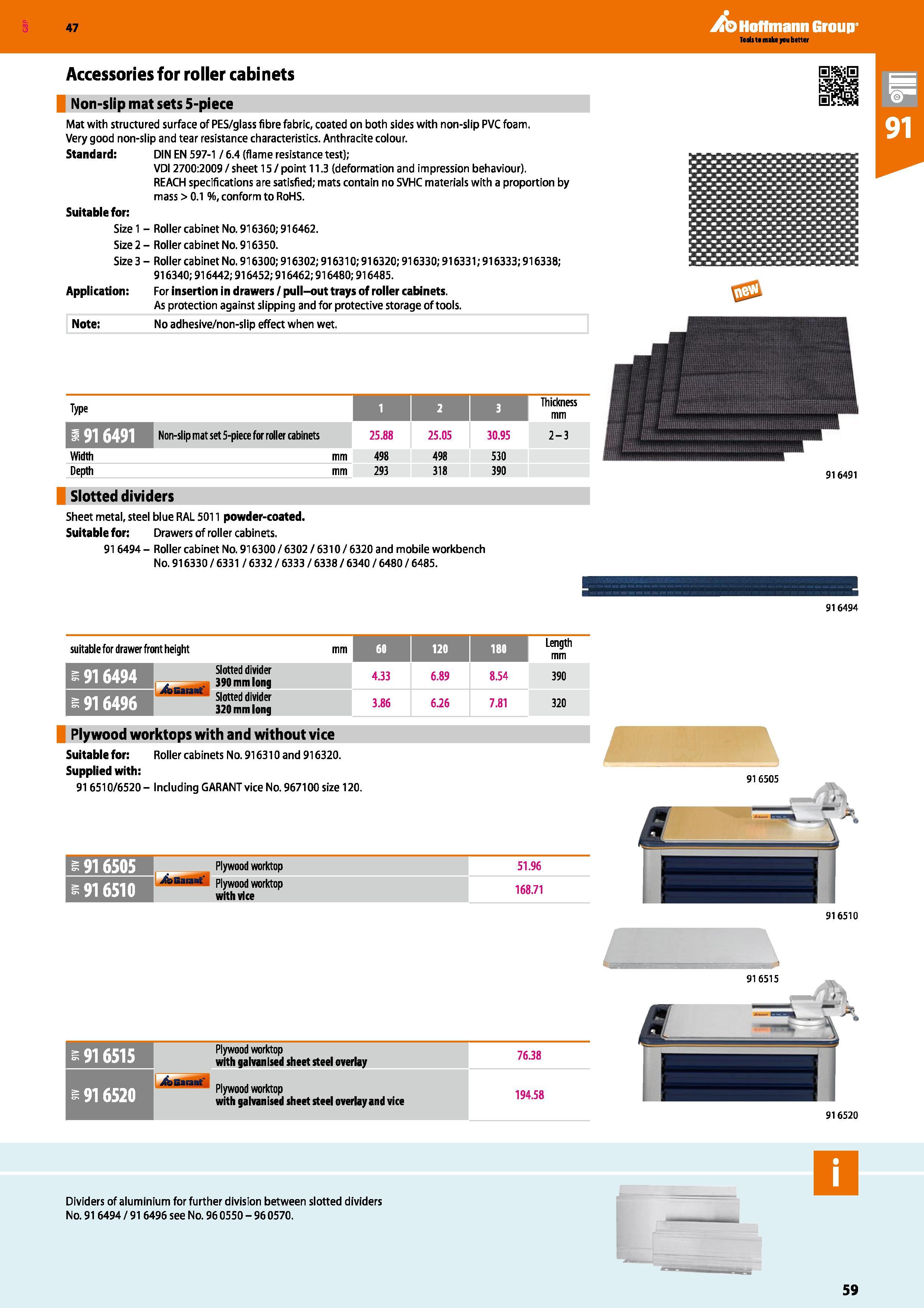 59 Hoffmann Group 47 Accessories for roller cabinets Non-slip mat sets 5-piece Mat with structured surface of PES/glass fibre fabric, coated on both Каталог HOFFMANN GROUP 2016 Производственная мебель для работы хранения и транспортировки в условиях промышленных предприятий и сервисных мастерских Вер. 47 ENG Стр. 59