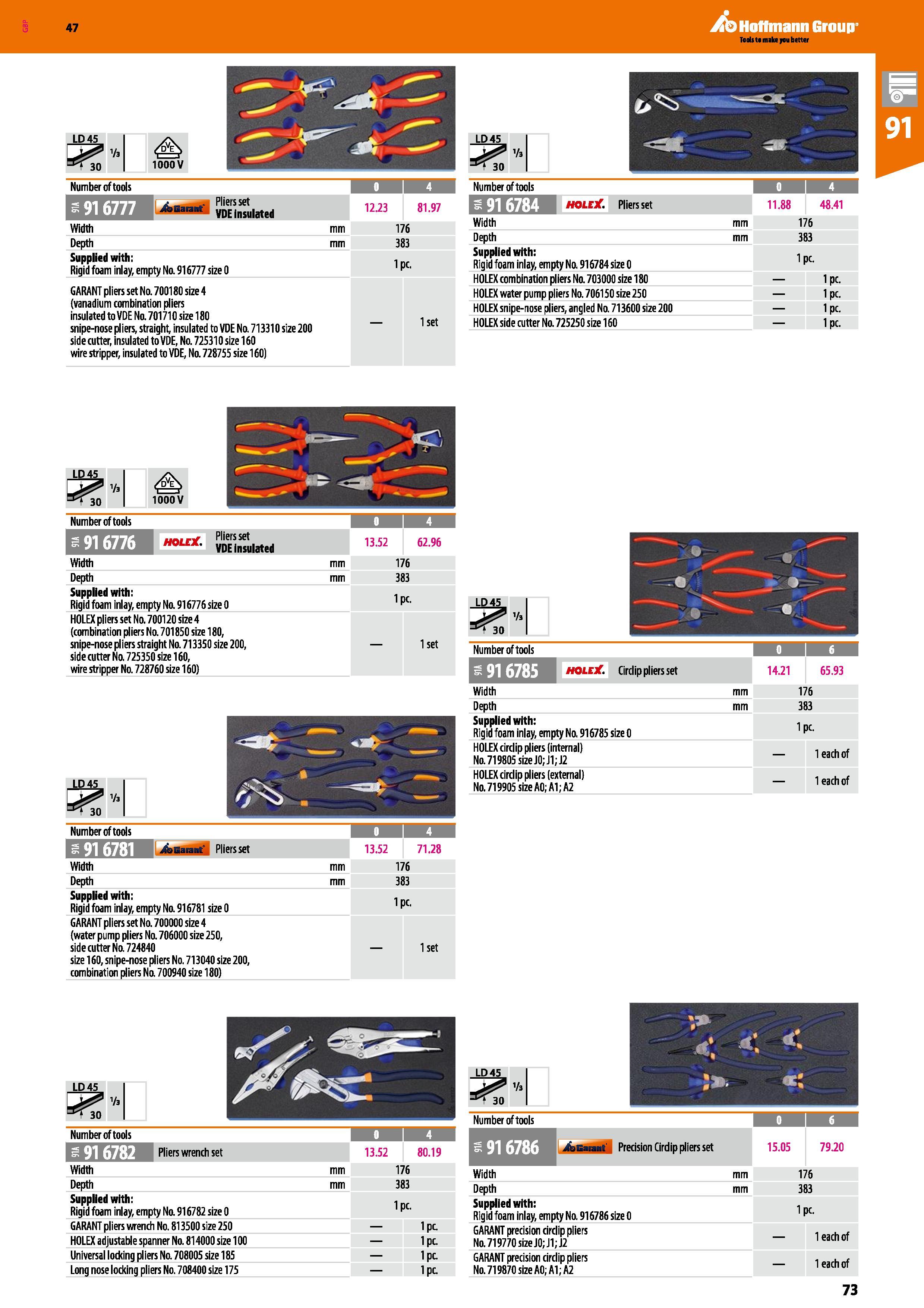 73 Hoffmann Group 47 Tools to make you better LD45 EE Vs 1000 V Number of tools WffWWWi i _ Pliers set VDE insulated 12 23 81 97 Width mm 176 Depth Каталог HOFFMANN GROUP 2016 Производственная мебель для работы хранения и транспортировки в условиях промышленных предприятий и сервисных мастерских Вер. 47 ENG Стр. 73