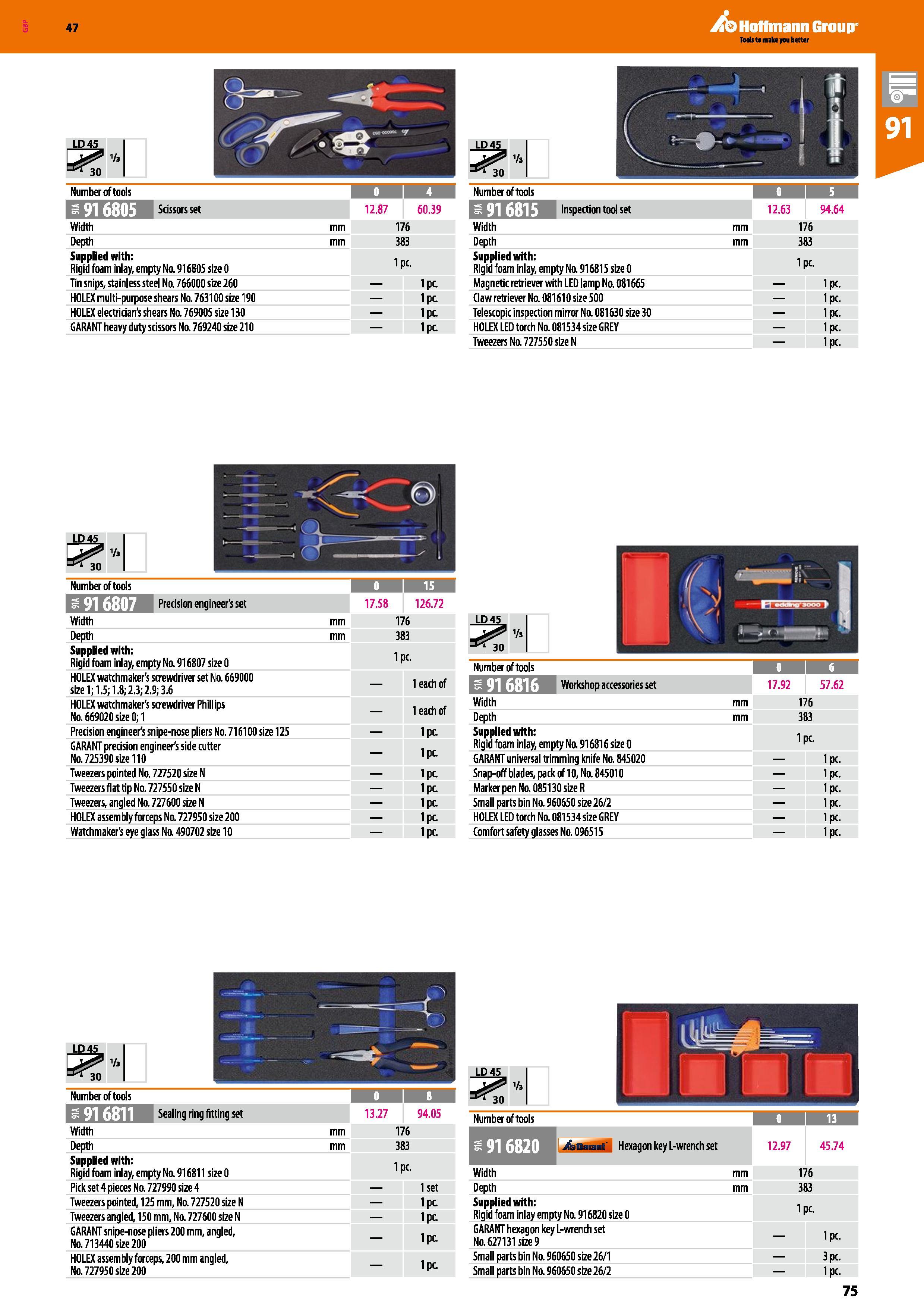 75 Hoffmann Group 47 LD45 CRT Number of tools 4 I = 916805 IB 12 87 60 39 Width mm 176 Depth mm 383 Supplied with: Rigid foam inlay, empty Na 916805 Каталог HOFFMANN GROUP 2016 Производственная мебель для работы хранения и транспортировки в условиях промышленных предприятий и сервисных мастерских Вер. 47 ENG Стр. 75