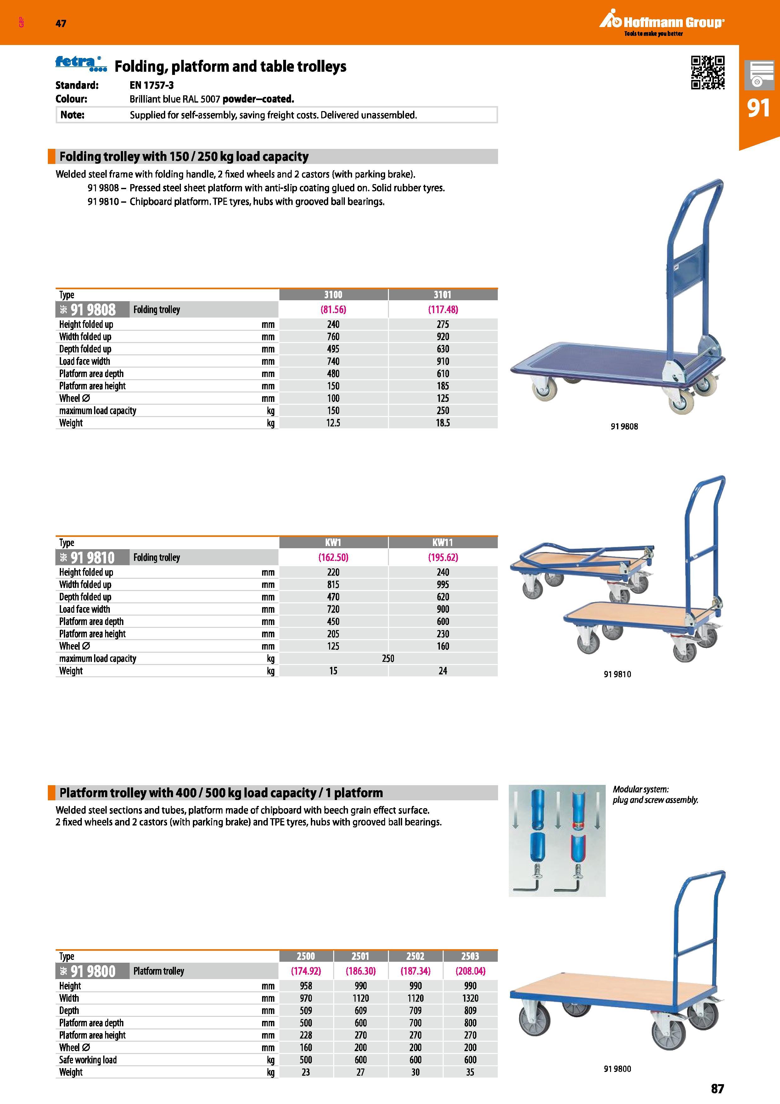 87 Hoffmann Group 47 Folding, platform and table trolleys Standard: EN1757-3 Colour: Brilliant blue RAL 5007 powder-coated Bih 1 Note: Supplied for Каталог HOFFMANN GROUP 2016 Производственная мебель для работы хранения и транспортировки в условиях промышленных предприятий и сервисных мастерских Вер. 47 ENG Стр. 87