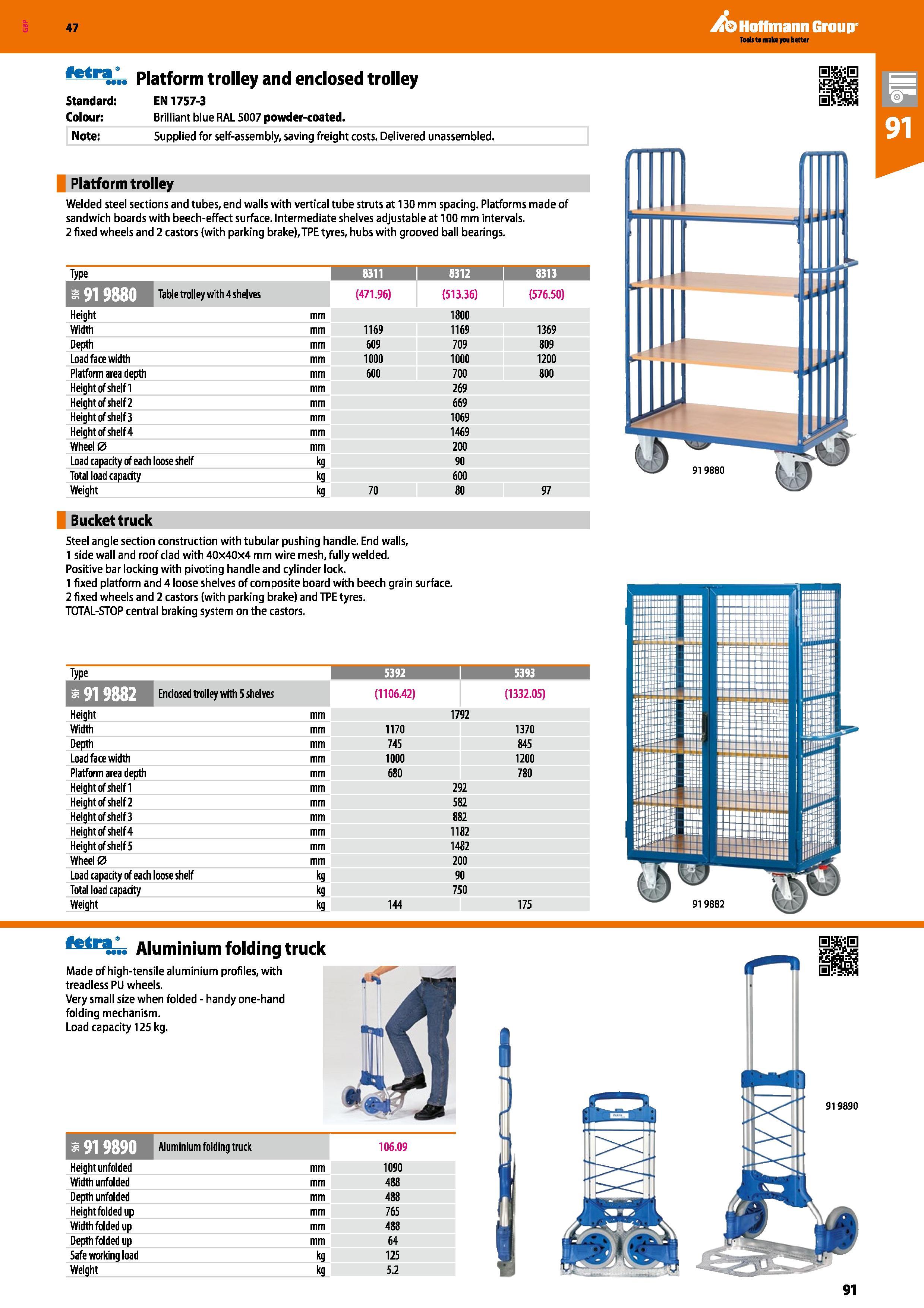 91 Hoffmann Group 47 Tads ta make jau better Platform trolley and enclosed trolley Standard: EN1757-3 Colour: Brilliant blue RAL 5007 powder-coated Каталог HOFFMANN GROUP 2016 Производственная мебель для работы хранения и транспортировки в условиях промышленных предприятий и сервисных мастерских Вер. 47 ENG Стр. 91