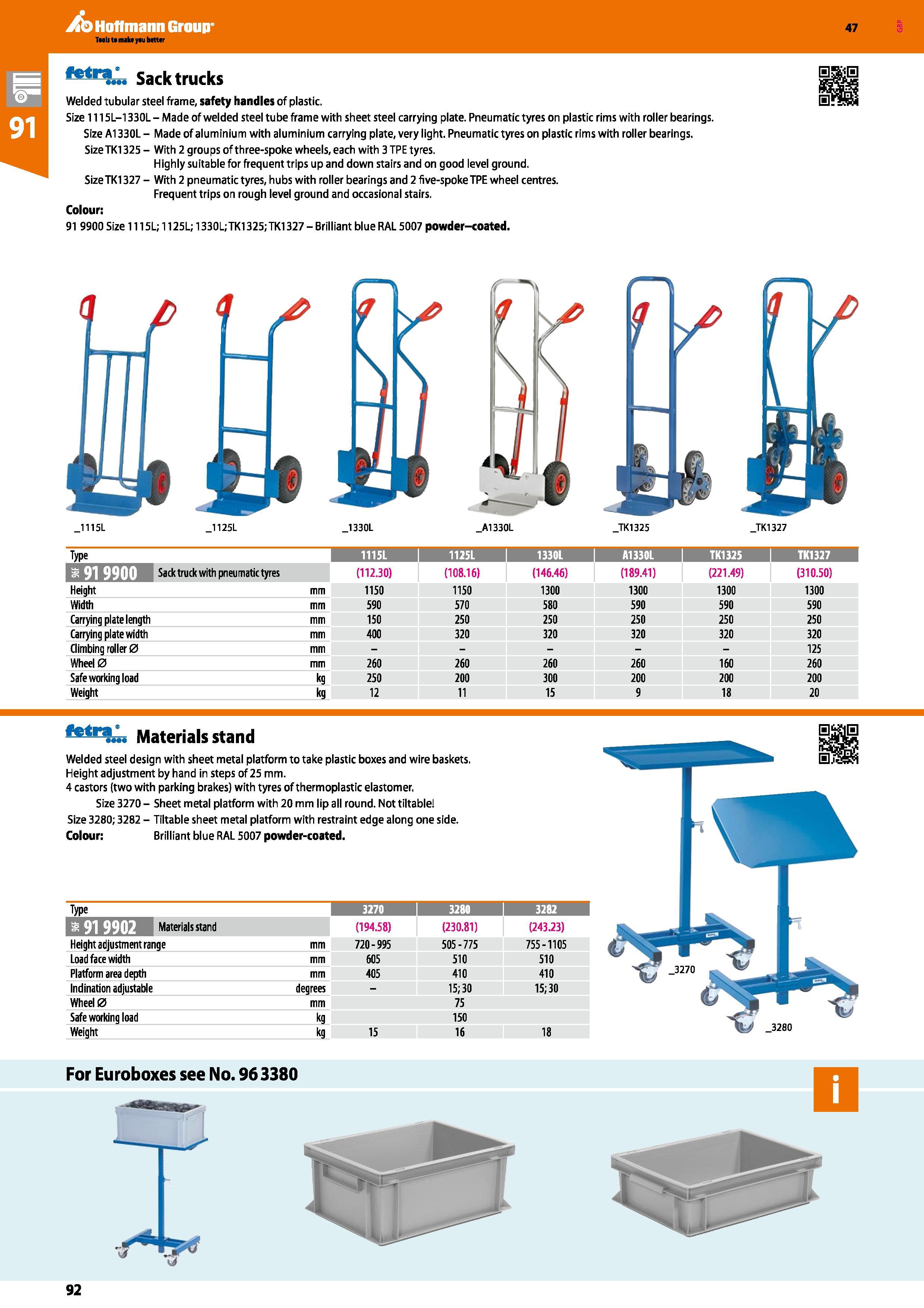 92 Hoffmann Group Taals to malnyau better Sack trucks Welded tubular steel frame, safety handles of plastic Size 1115L-1330L - Made of welded steel Каталог HOFFMANN GROUP 2016 Производственная мебель для работы хранения и транспортировки в условиях промышленных предприятий и сервисных мастерских Вер. 47 ENG Стр. 92