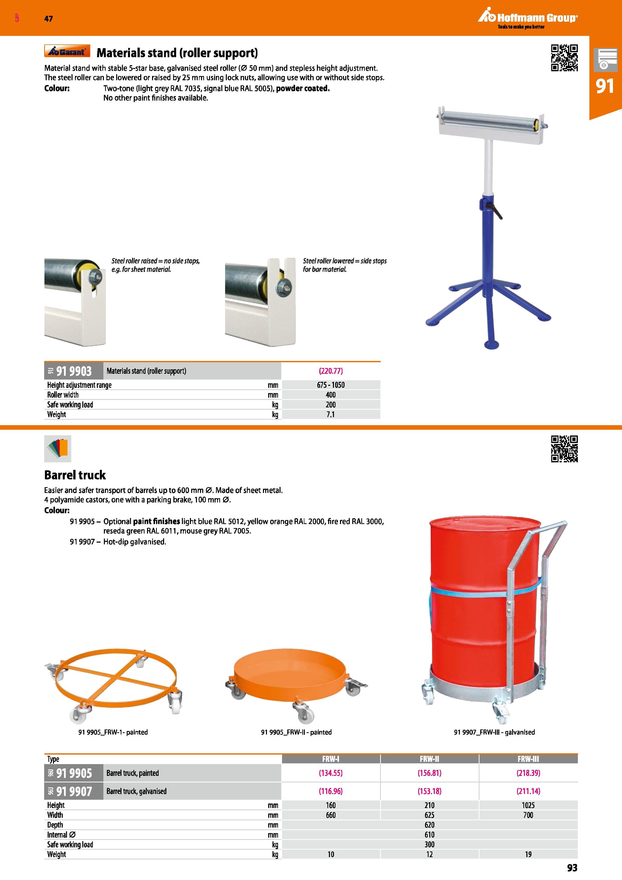 93 Hoffmann Group 47 Tads ta main jau better Garant Materials stand (roller support) Material stand with stable 5-star base, galvanised steel roller Каталог HOFFMANN GROUP 2016 Производственная мебель для работы хранения и транспортировки в условиях промышленных предприятий и сервисных мастерских Вер. 47 ENG Стр. 93