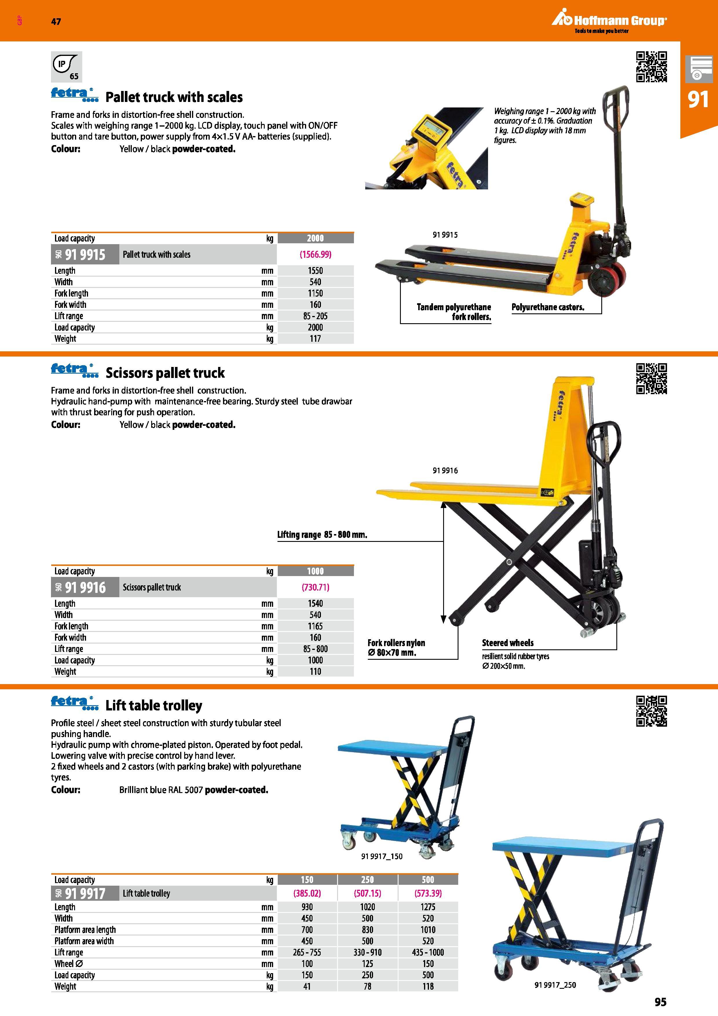 95 47 fe<r l Pallet truck with scales Frame and forks in distortion-free shell construction Scales with weighing range 1 -2000 kg LCD display, touch Каталог HOFFMANN GROUP 2016 Производственная мебель для работы хранения и транспортировки в условиях промышленных предприятий и сервисных мастерских Вер. 47 ENG Стр. 95