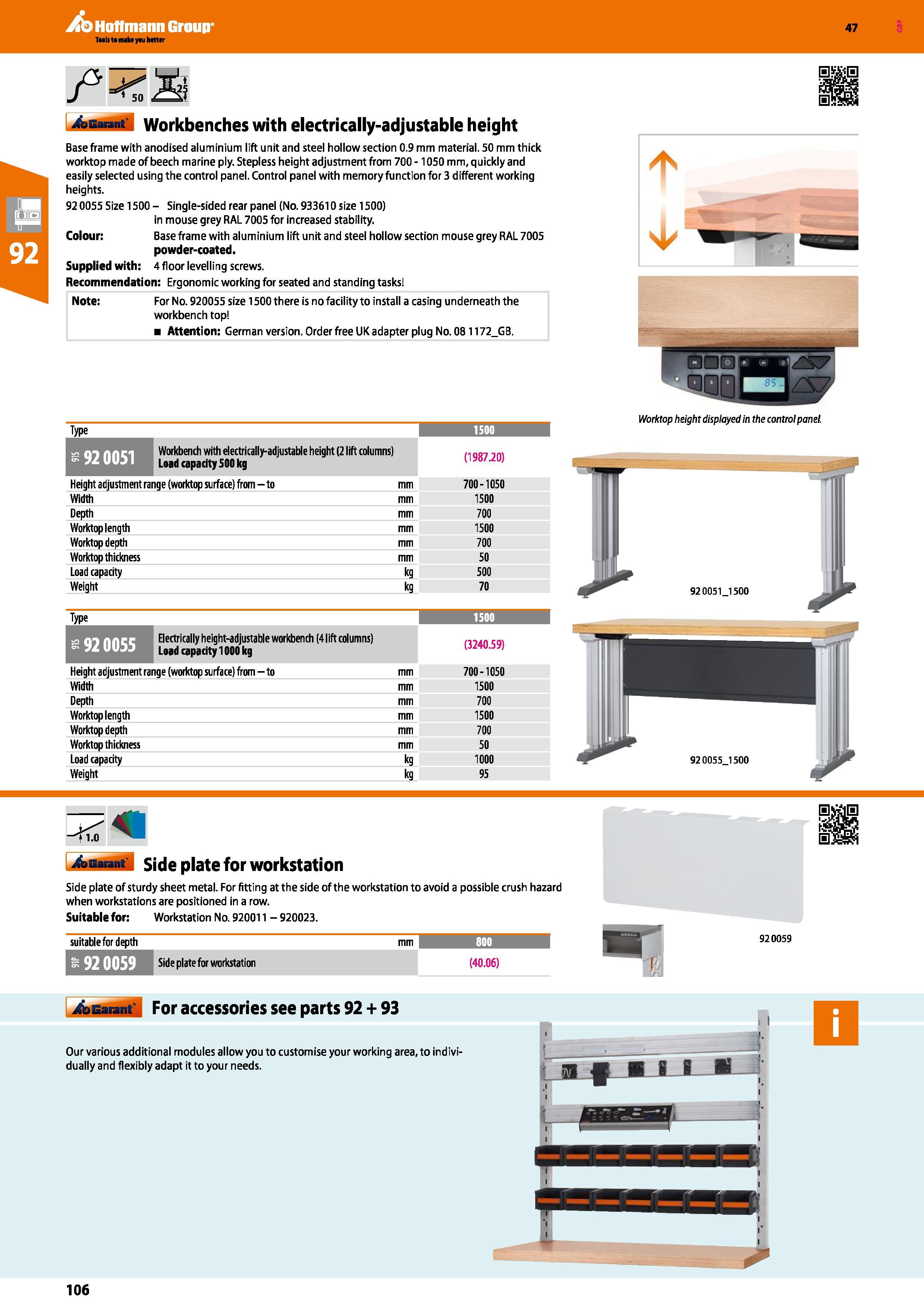 106 Hoffmann Group 47 25 Auarant Workbenches with electrically-adjustable height Base frame with anodised aluminium lift unit and steel hollow sectio Каталог HOFFMANN GROUP 2016 Производственная мебель для работы хранения и транспортировки в условиях промышленных предприятий и сервисных мастерских Вер. 47 ENG Стр. 106