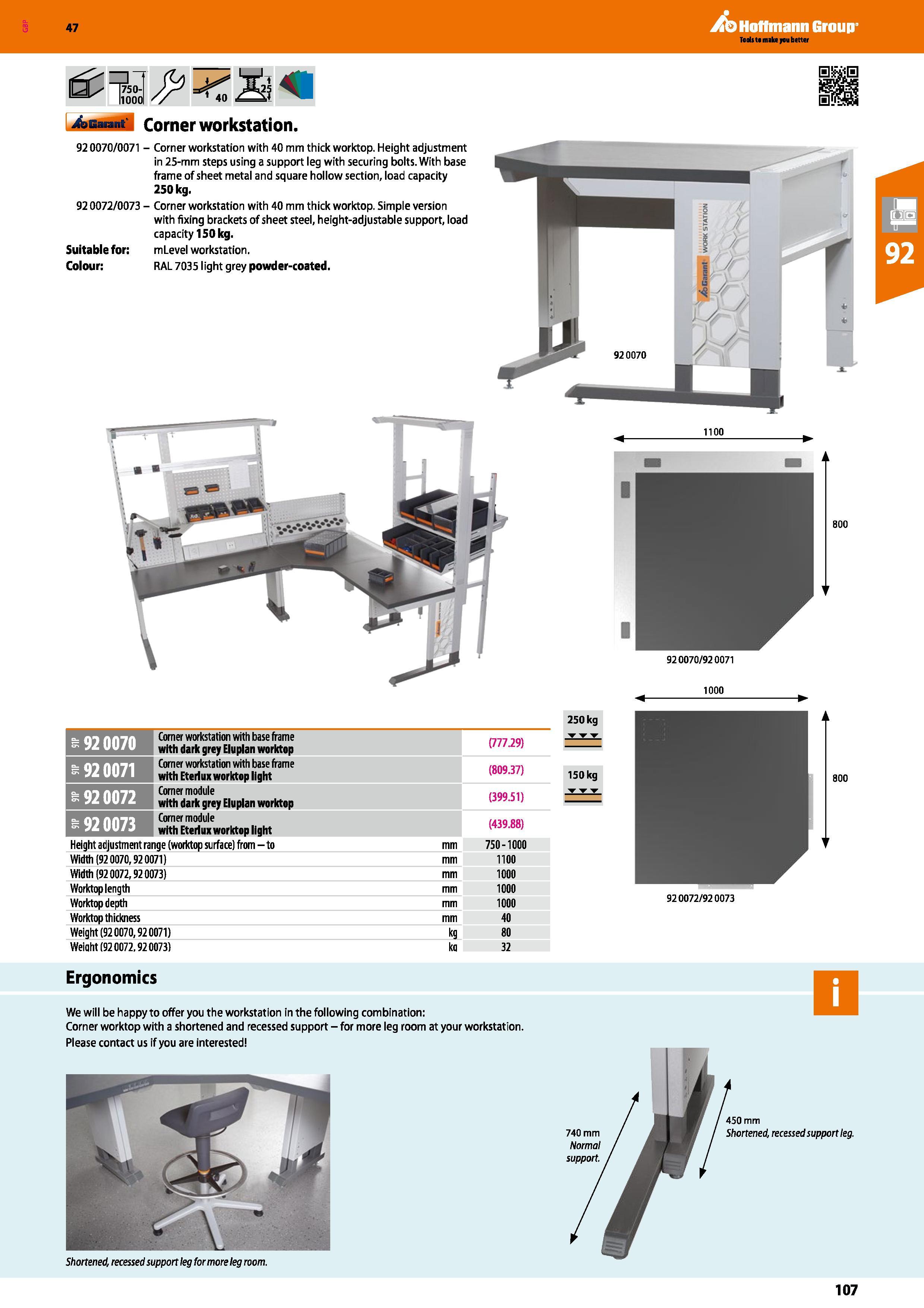 107 Hoffmann Group 47 40 25 Garant Corner workstation 920070/0071 - Corner workstation with 40 mm thick worktop Height adjustment in 25-mm steps usin Каталог HOFFMANN GROUP 2016 Производственная мебель для работы хранения и транспортировки в условиях промышленных предприятий и сервисных мастерских Вер. 47 ENG Стр. 107