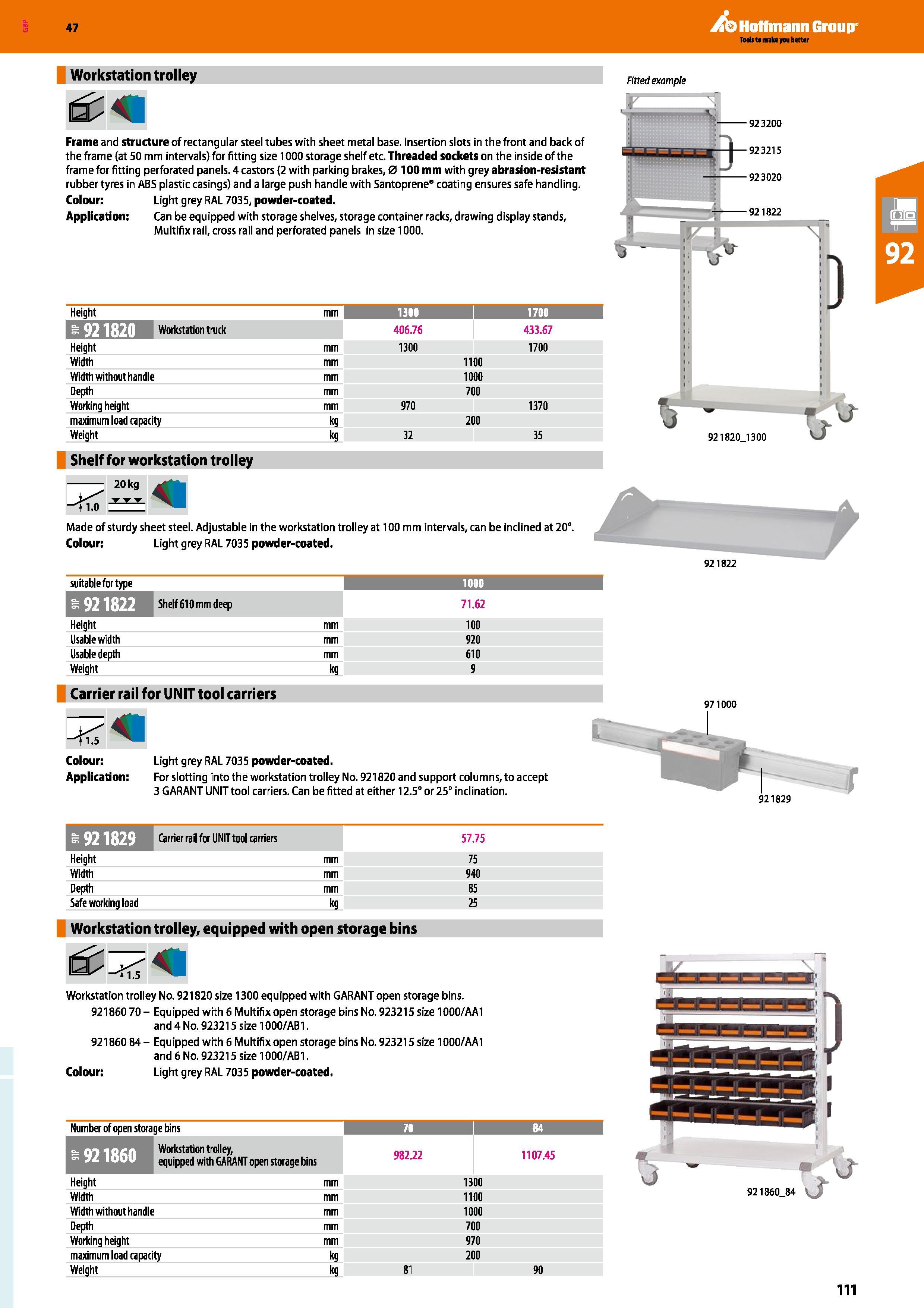 111 Hoffmann Group 47 Workstation trolley Fitted example YT Frameand structure of rectangular steel tubes with sheet metal base Insertion slots in th Каталог HOFFMANN GROUP 2016 Производственная мебель для работы хранения и транспортировки в условиях промышленных предприятий и сервисных мастерских Вер. 47 ENG Стр. 111