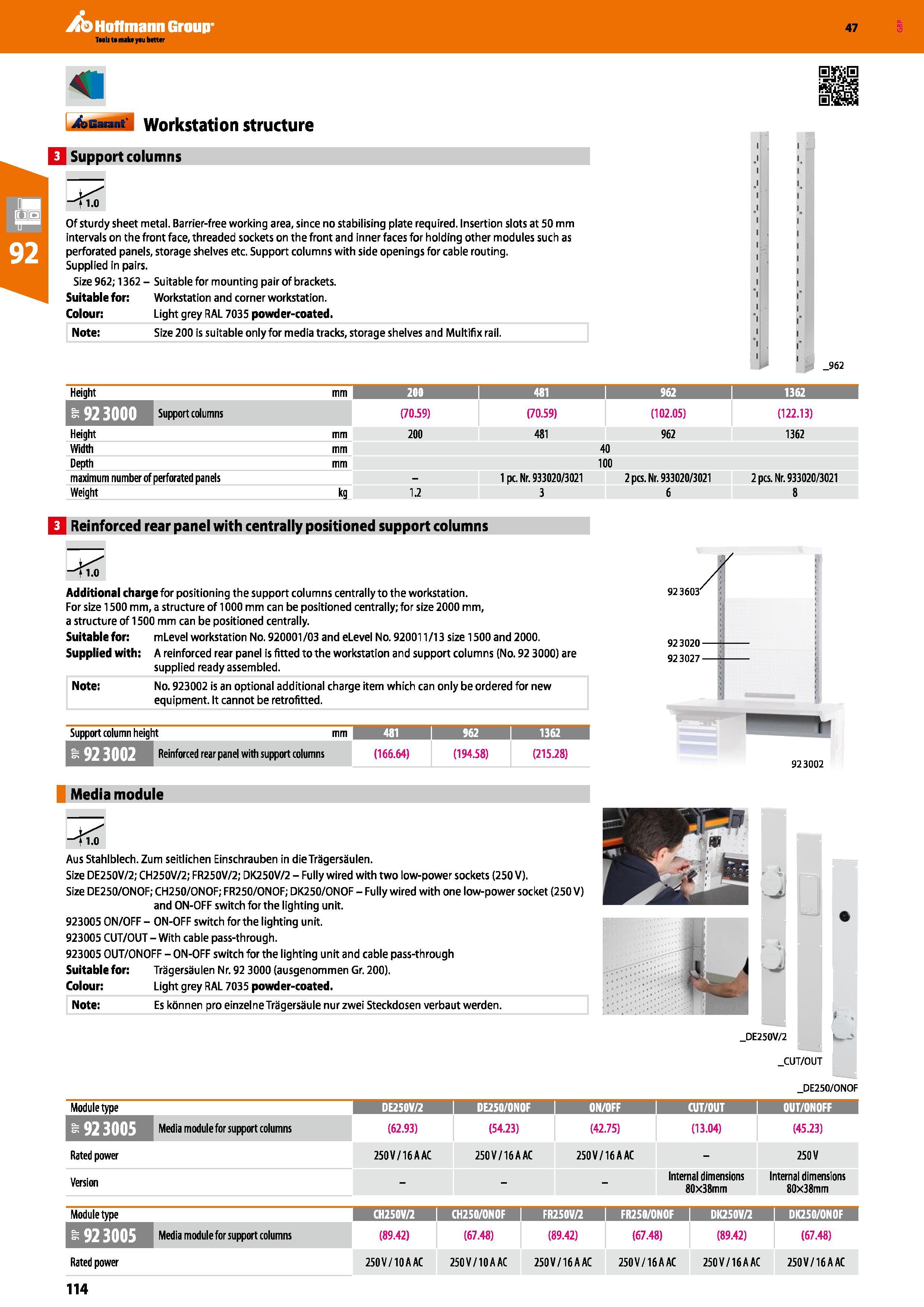 114 Hoffmann Group 47 4sBa Hk Workstation structure Q Support columns t i o Of sturdy sheet metal Barrier-free working area, since no stabilising pla Каталог HOFFMANN GROUP 2016 Производственная мебель для работы хранения и транспортировки в условиях промышленных предприятий и сервисных мастерских Вер. 47 ENG Стр. 114