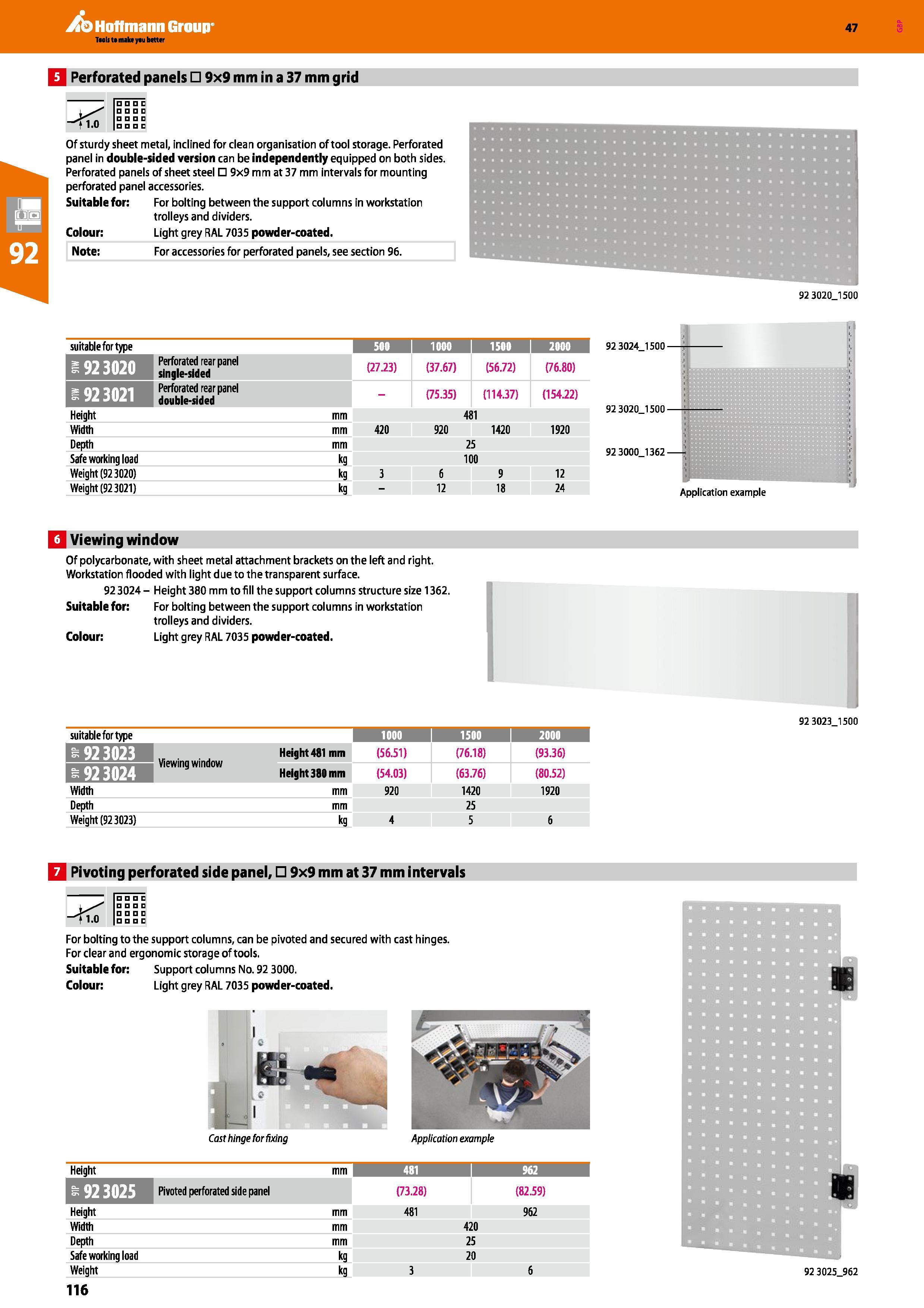 116 Hoffmann Group 47 Q Perforated panels 9x9 mm in a 37 mm grid t 1-0 c D D Of sturdy sheet metal, inclined for dean organisation of tool storage Pe Каталог HOFFMANN GROUP 2016 Производственная мебель для работы хранения и транспортировки в условиях промышленных предприятий и сервисных мастерских Вер. 47 ENG Стр. 116
