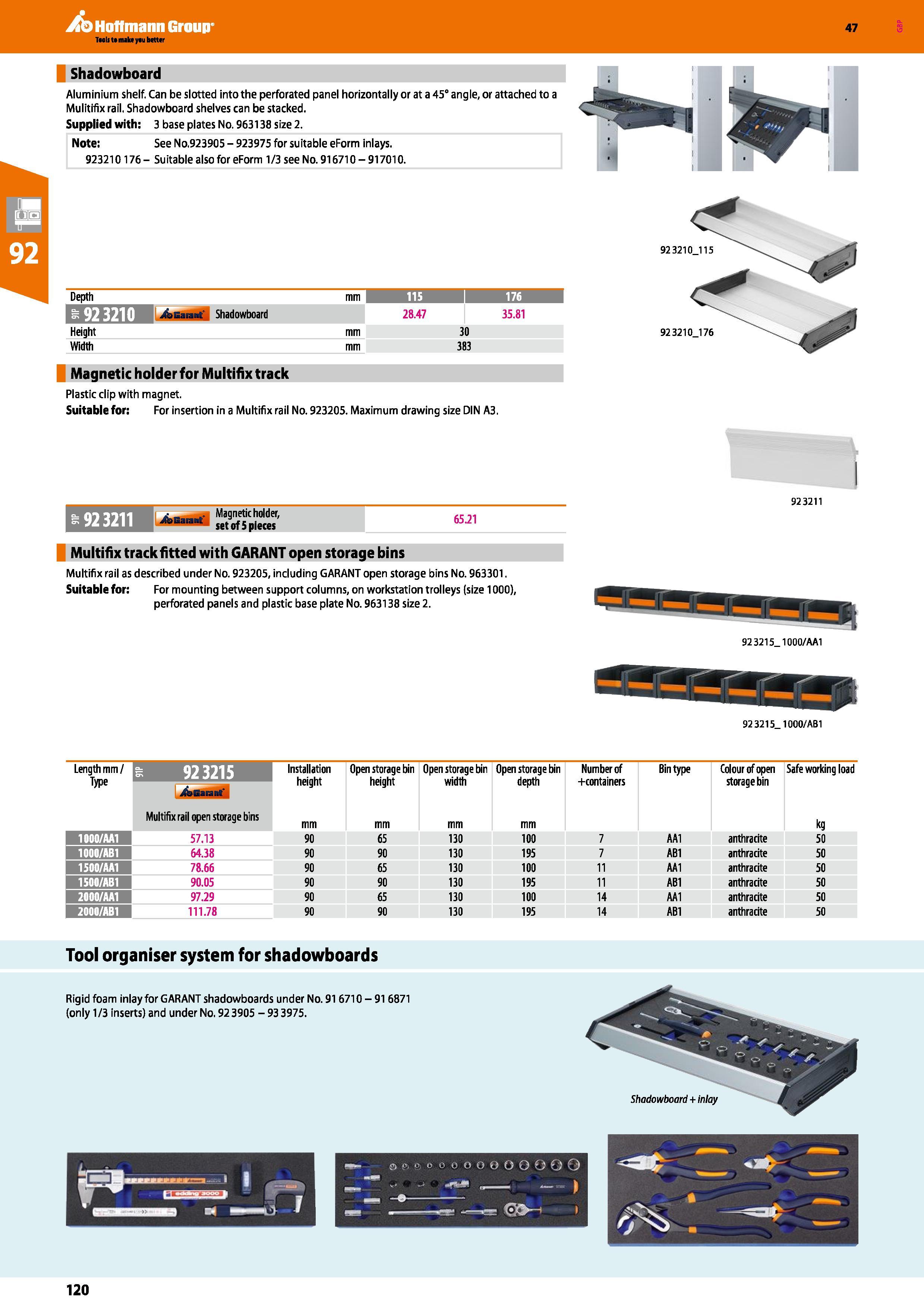 120 Hoffmann Group 47 Shadowboard Aluminium shelf Can be slotted into the perforated panel horizontally or at a 45° angle, or attached to a Mulitifix Каталог HOFFMANN GROUP 2016 Производственная мебель для работы хранения и транспортировки в условиях промышленных предприятий и сервисных мастерских Вер. 47 ENG Стр. 120