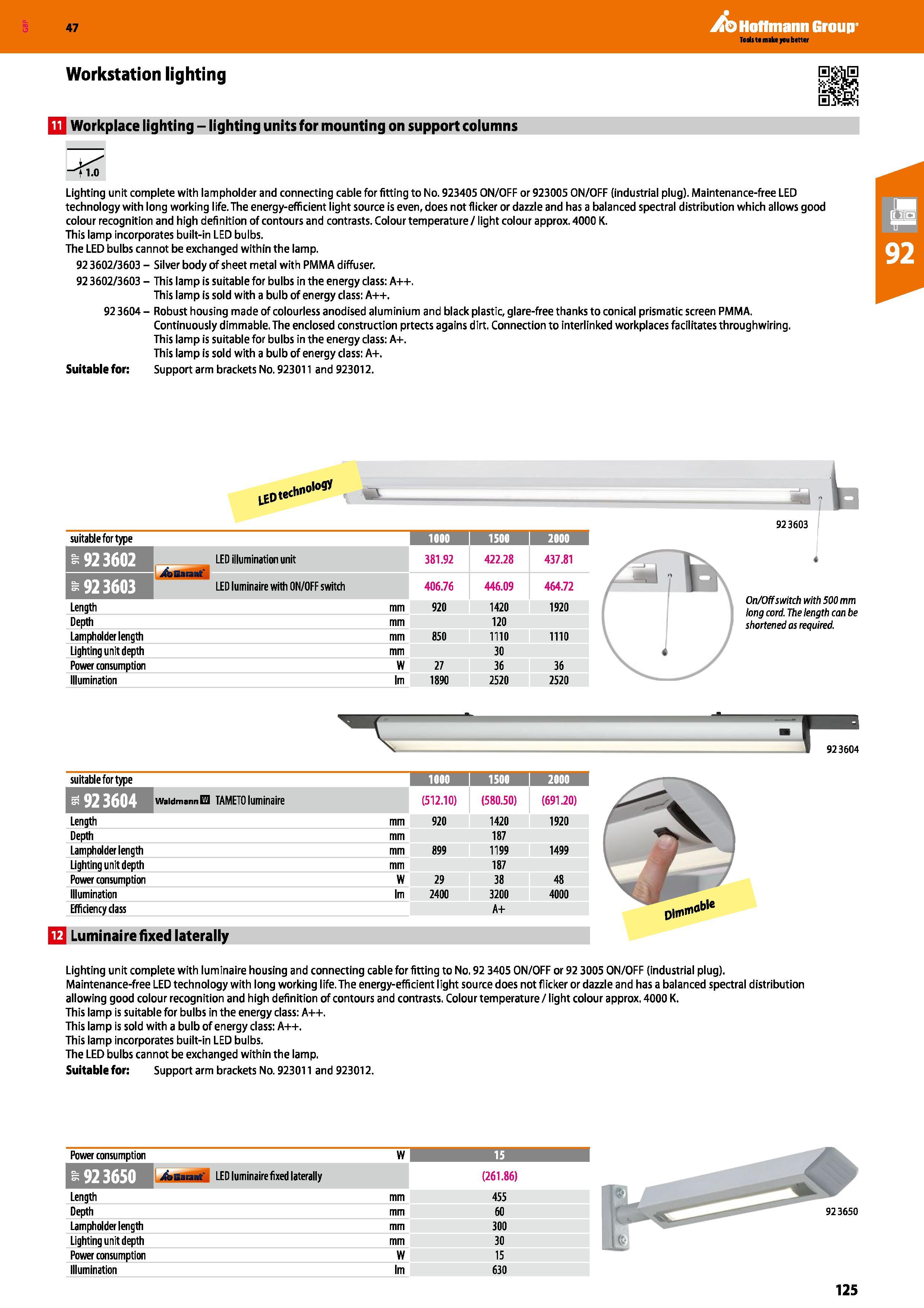 125 Hoffmann Group 47 Workstation lighting m Workplace lighting - lighting units for mounting on support columns t 1-0 Lighting unit complete with la Каталог HOFFMANN GROUP 2016 Производственная мебель для работы хранения и транспортировки в условиях промышленных предприятий и сервисных мастерских Вер. 47 ENG Стр. 125
