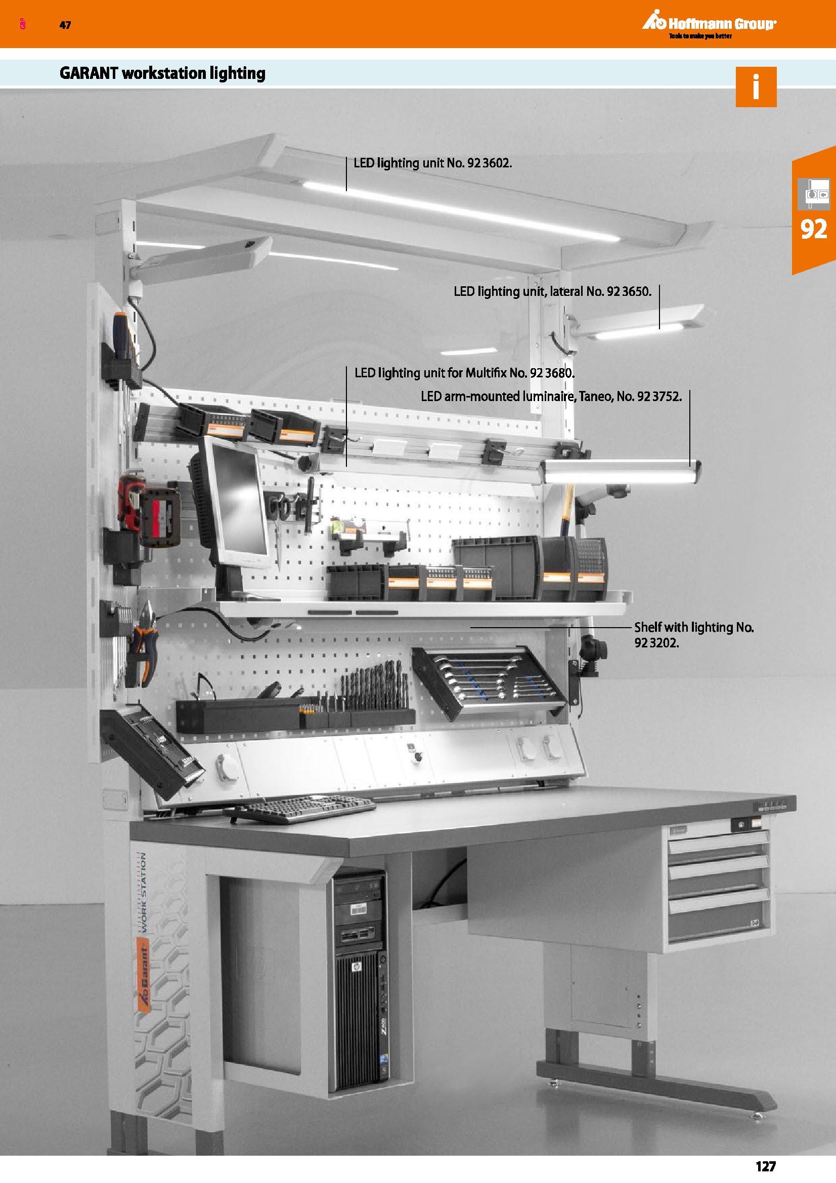 127 47 GARANT workstation lighting Ato Hoffmann Group KnkttinbrM brttti LED lighting unit No 923602 LED lighting unit, lateral No 92 3650 LED lightin Каталог HOFFMANN GROUP 2016 Производственная мебель для работы хранения и транспортировки в условиях промышленных предприятий и сервисных мастерских Вер. 47 ENG Стр. 127