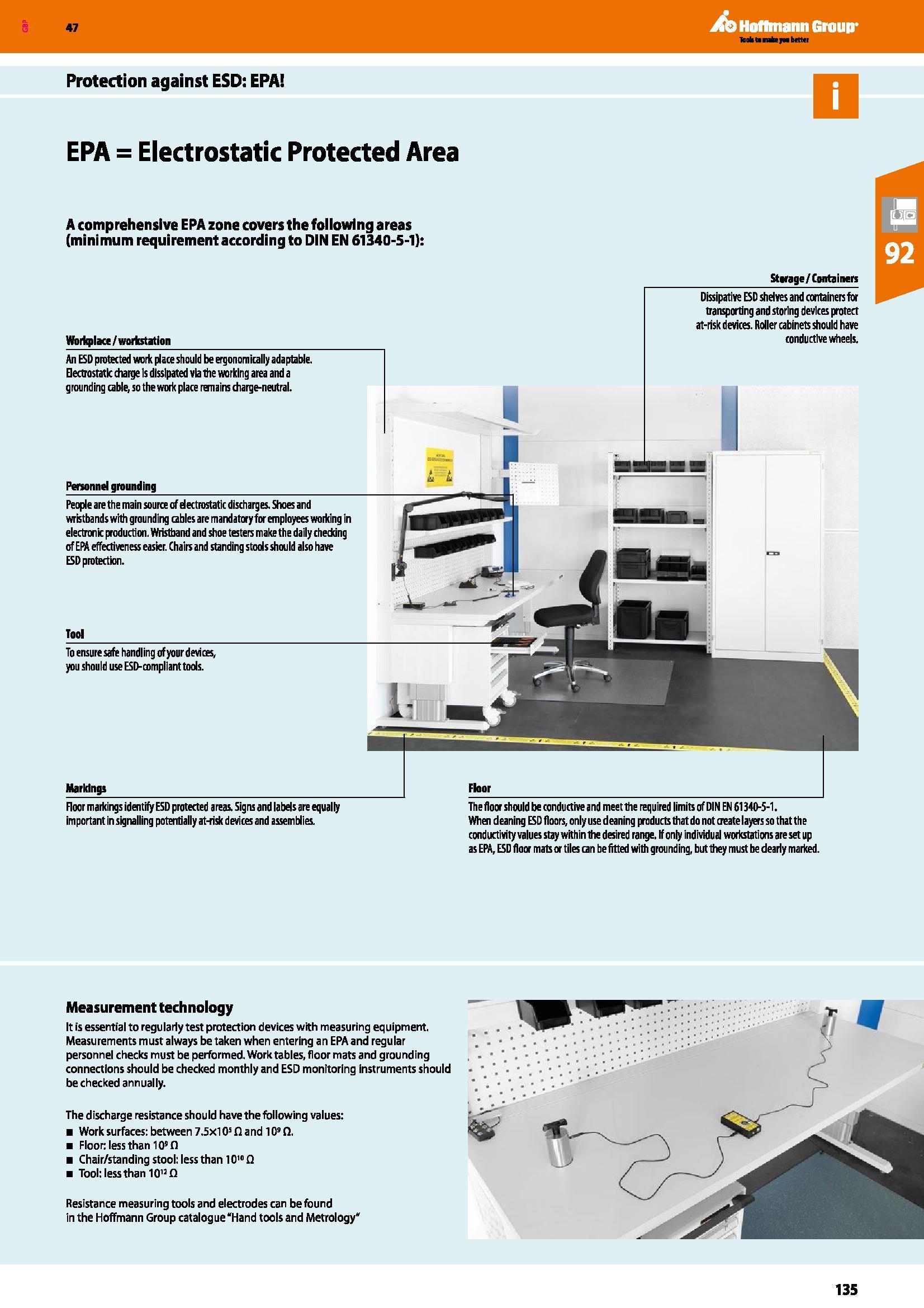 135 Jb Hoffmann Group Protection against ESD: EPA EPA = Electrostatic Protected Area Personnel grounding _ People are the main source cfdectrostatic Каталог HOFFMANN GROUP 2016 Производственная мебель для работы хранения и транспортировки в условиях промышленных предприятий и сервисных мастерских Вер. 47 ENG Стр. 135