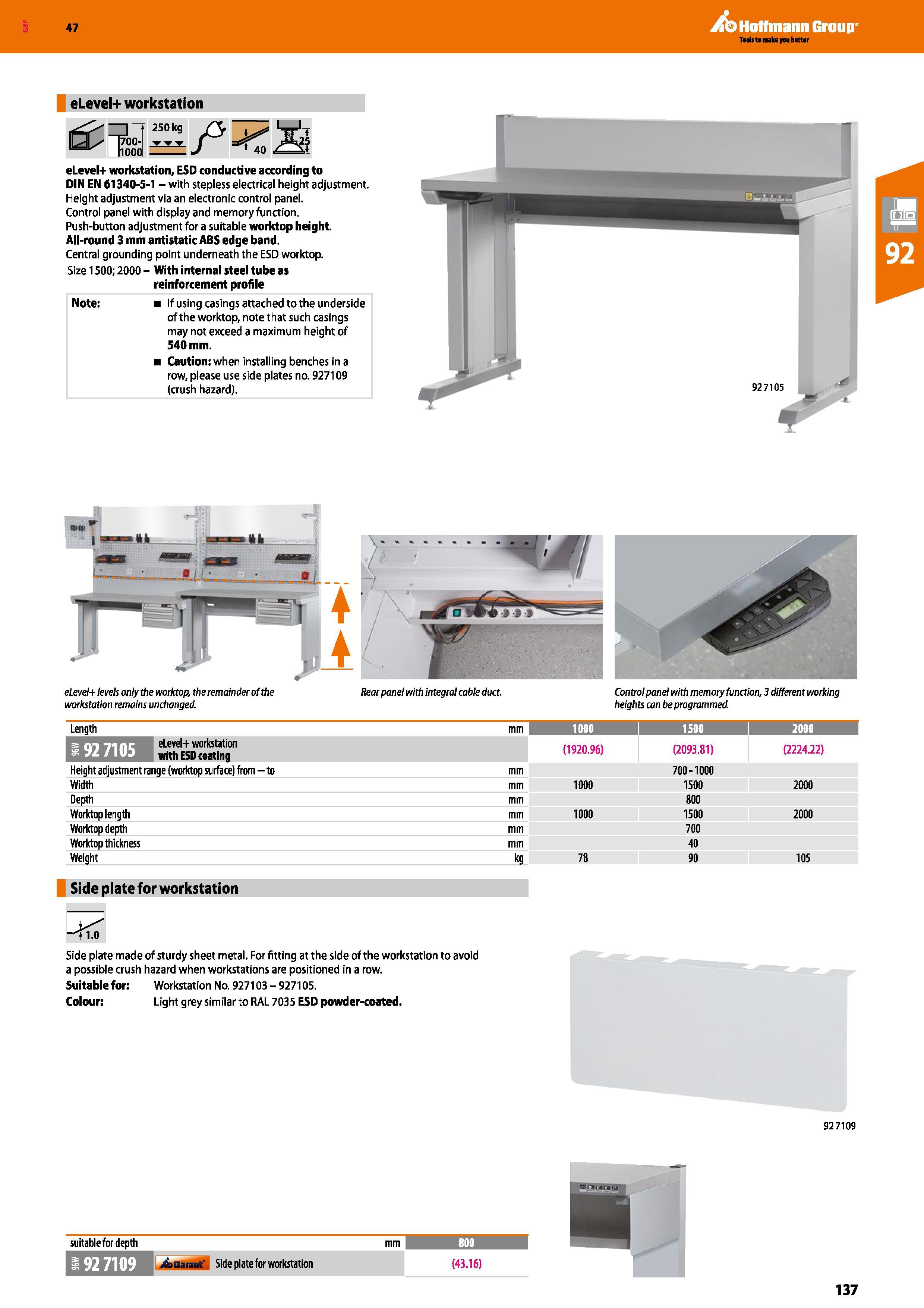 137 Hoffmann Group 47 eLevel+ workstation eLevel+ workstation, ESD conductive according to DIN EN 61340-5-1 - with stepless electrical height adjustm Каталог HOFFMANN GROUP 2016 Производственная мебель для работы хранения и транспортировки в условиях промышленных предприятий и сервисных мастерских Вер. 47 ENG Стр. 137
