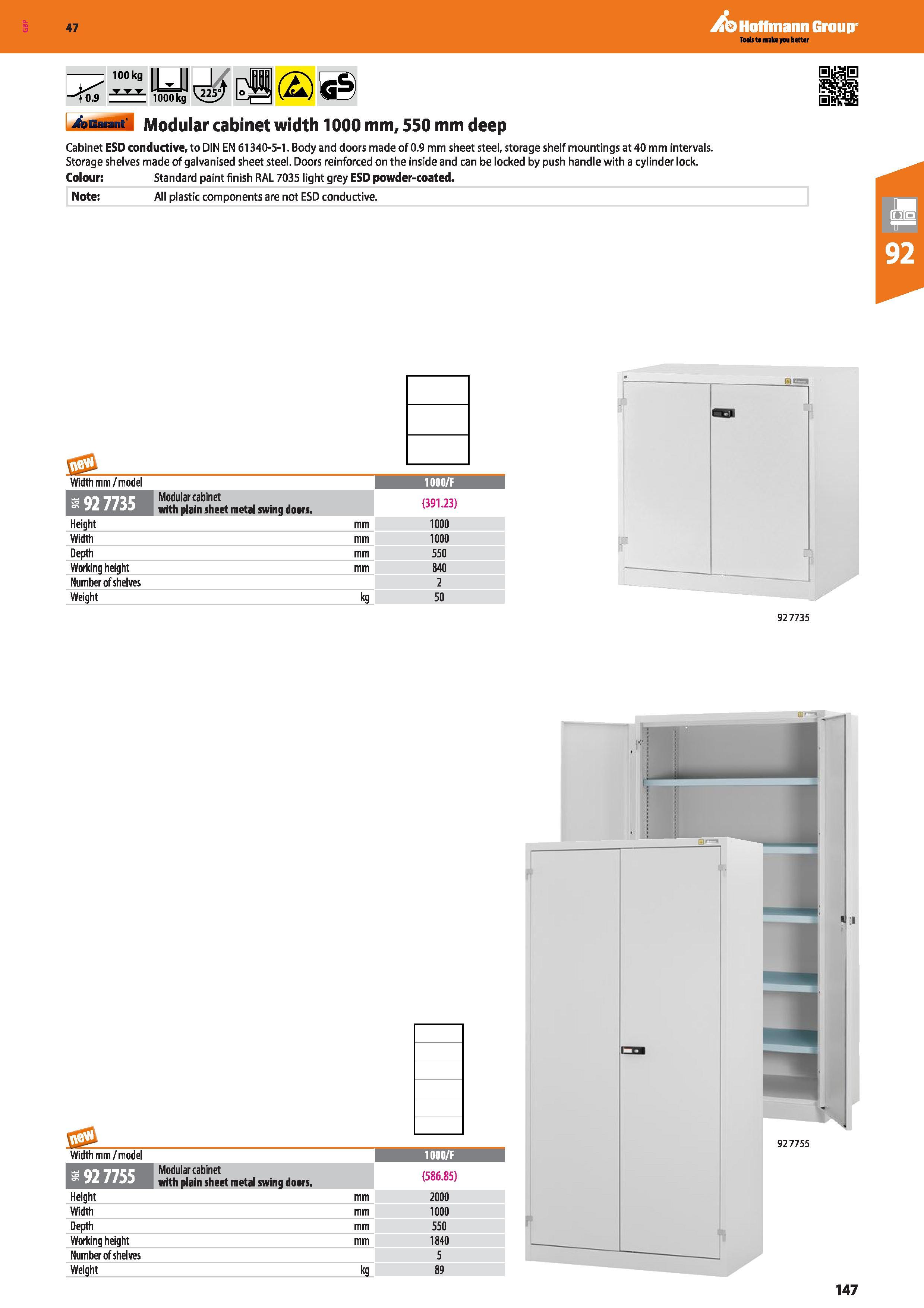 147 Hoffmann Group 47 - 03 100 kg (2£) 4asan Modular cabinet width 1000 mm, 550 mm deep Cabinet ESD conductive, to DIN EN 61340-5-1 Body and doors ma Каталог HOFFMANN GROUP 2016 Производственная мебель для работы хранения и транспортировки в условиях промышленных предприятий и сервисных мастерских Вер. 47 ENG Стр. 147
