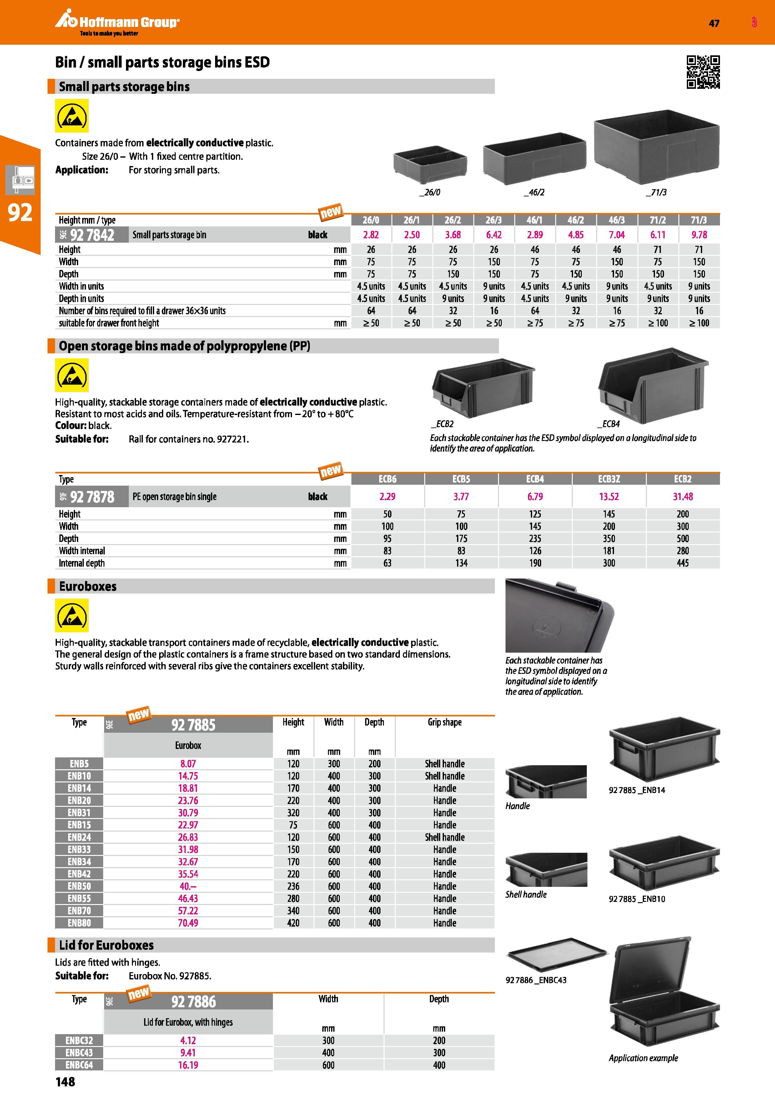 148 Hoffmann Group 47 Bin / small parts storage bins ESD Small parts storage bins (2) Containers made from electrically conductive plastic Size 26/0 Каталог HOFFMANN GROUP 2016 Производственная мебель для работы хранения и транспортировки в условиях промышленных предприятий и сервисных мастерских Вер. 47 ENG Стр. 148