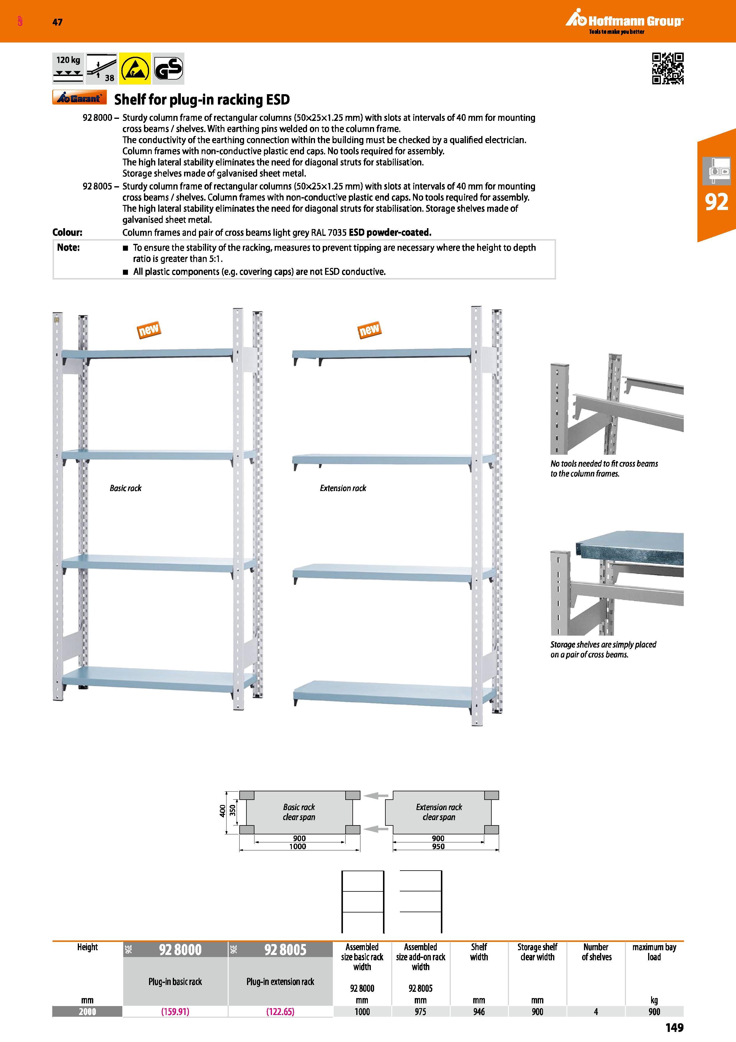 149 Hoffmann Group 47 120 kg Auarant shelf for plug-in racking ESD 928000- Sturdy column frame of rectangular columns (50x25x1 25 mm) with slots at i Каталог HOFFMANN GROUP 2016 Производственная мебель для работы хранения и транспортировки в условиях промышленных предприятий и сервисных мастерских Вер. 47 ENG Стр. 149