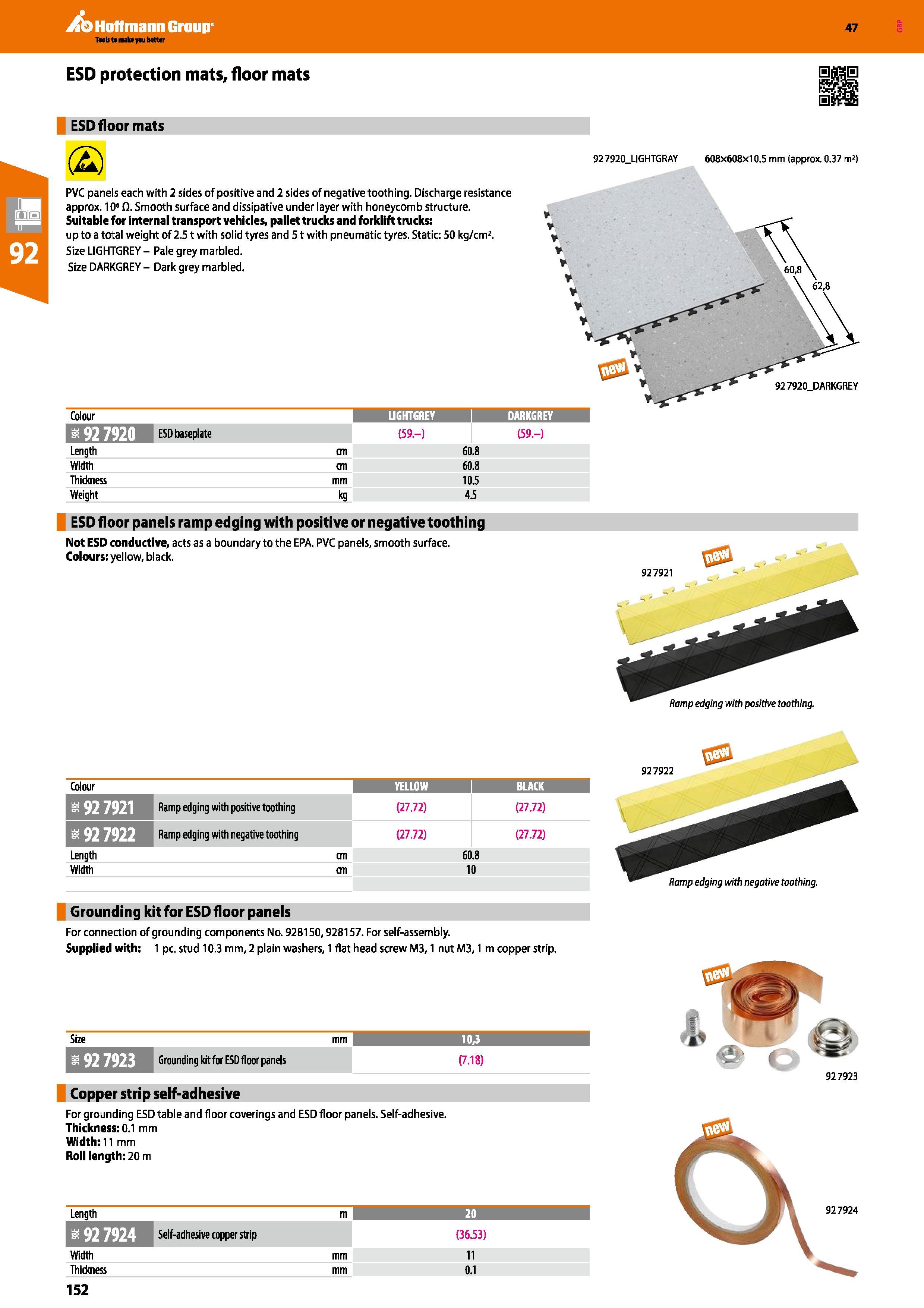 152 Hoffmann Group 47 ESD protection mats, floor mats ESD floor mats (2) m 92 7920_LIGHTGRAY 608x608x10 5 mm (approx 0 37 m2) PVC panels each with 2 Каталог HOFFMANN GROUP 2016 Производственная мебель для работы хранения и транспортировки в условиях промышленных предприятий и сервисных мастерских Вер. 47 ENG Стр. 152