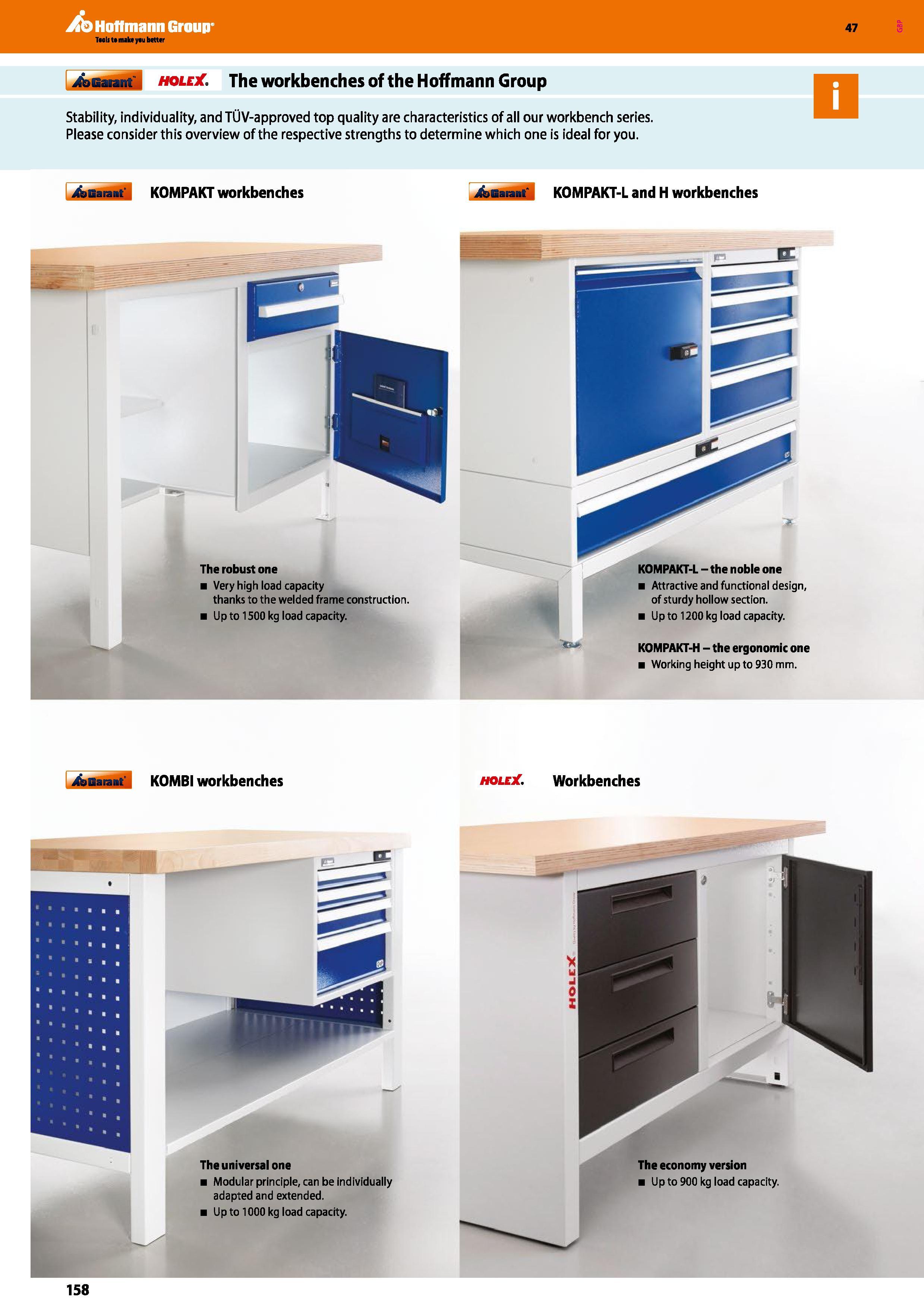 158 Hoffmann Group 47 A saa k holejC The workbenches of the Hoffmann Group Stability, individuality, and TUV-approved top quality are characteristics Каталог HOFFMANN GROUP 2016 Производственная мебель для работы хранения и транспортировки в условиях промышленных предприятий и сервисных мастерских Вер. 47 ENG Стр. 158