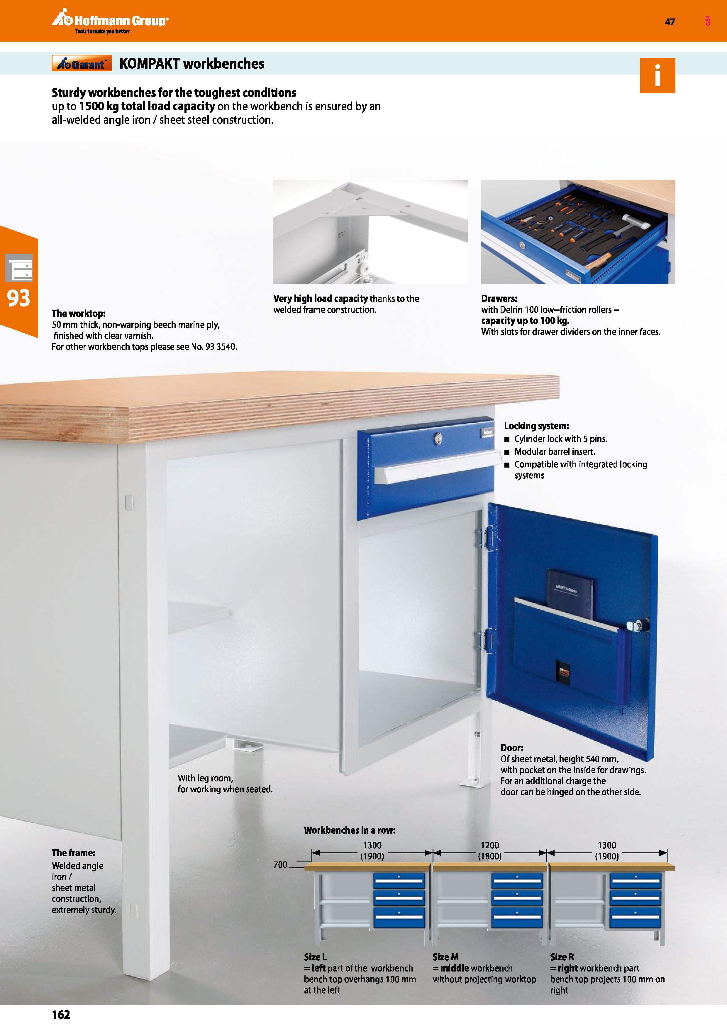 162 Hoffmann Group 47 KOMPAKT workbenches Sturdy workbenches for the toughest conditions up to 1500 kg total load capacity on the workbench is ensure Каталог HOFFMANN GROUP 2016 Производственная мебель для работы хранения и транспортировки в условиях промышленных предприятий и сервисных мастерских Вер. 47 ENG Стр. 162
