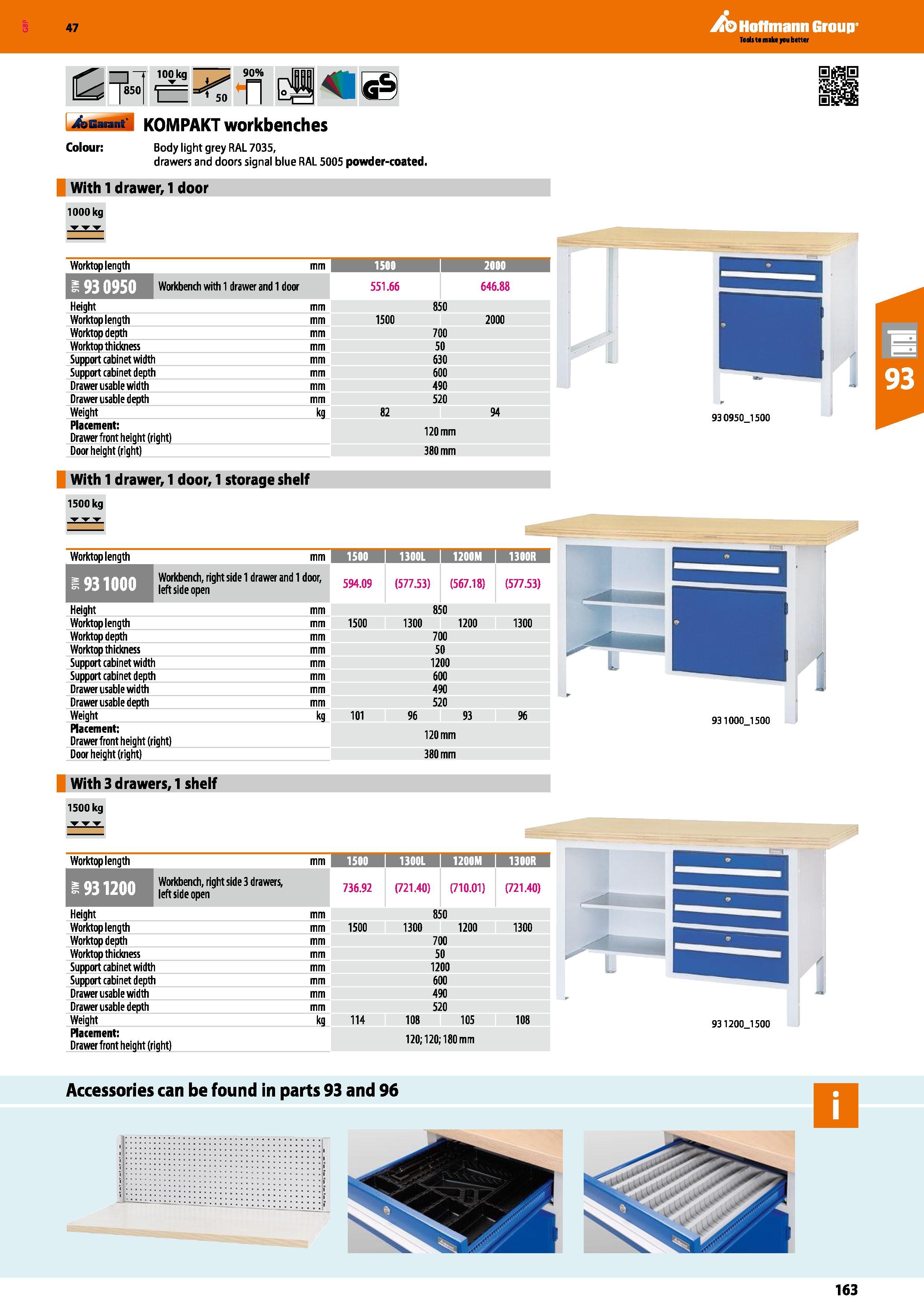163 Hoffmann Group 47 JsO 100 kg Tz= 50 StSSH ES Auarant KOMPAKT workbenches Colour: Body light grey RAL 7035, drawers and doors signal blue RAL 5005 Каталог HOFFMANN GROUP 2016 Производственная мебель для работы хранения и транспортировки в условиях промышленных предприятий и сервисных мастерских Вер. 47 ENG Стр. 163